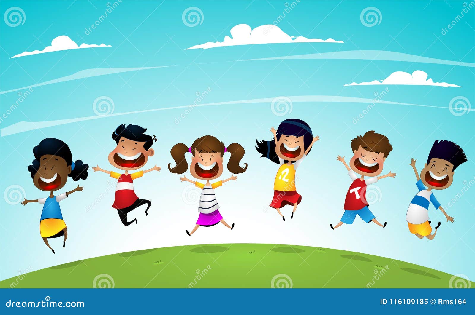 happy school multiracial children joyfully jumping .
