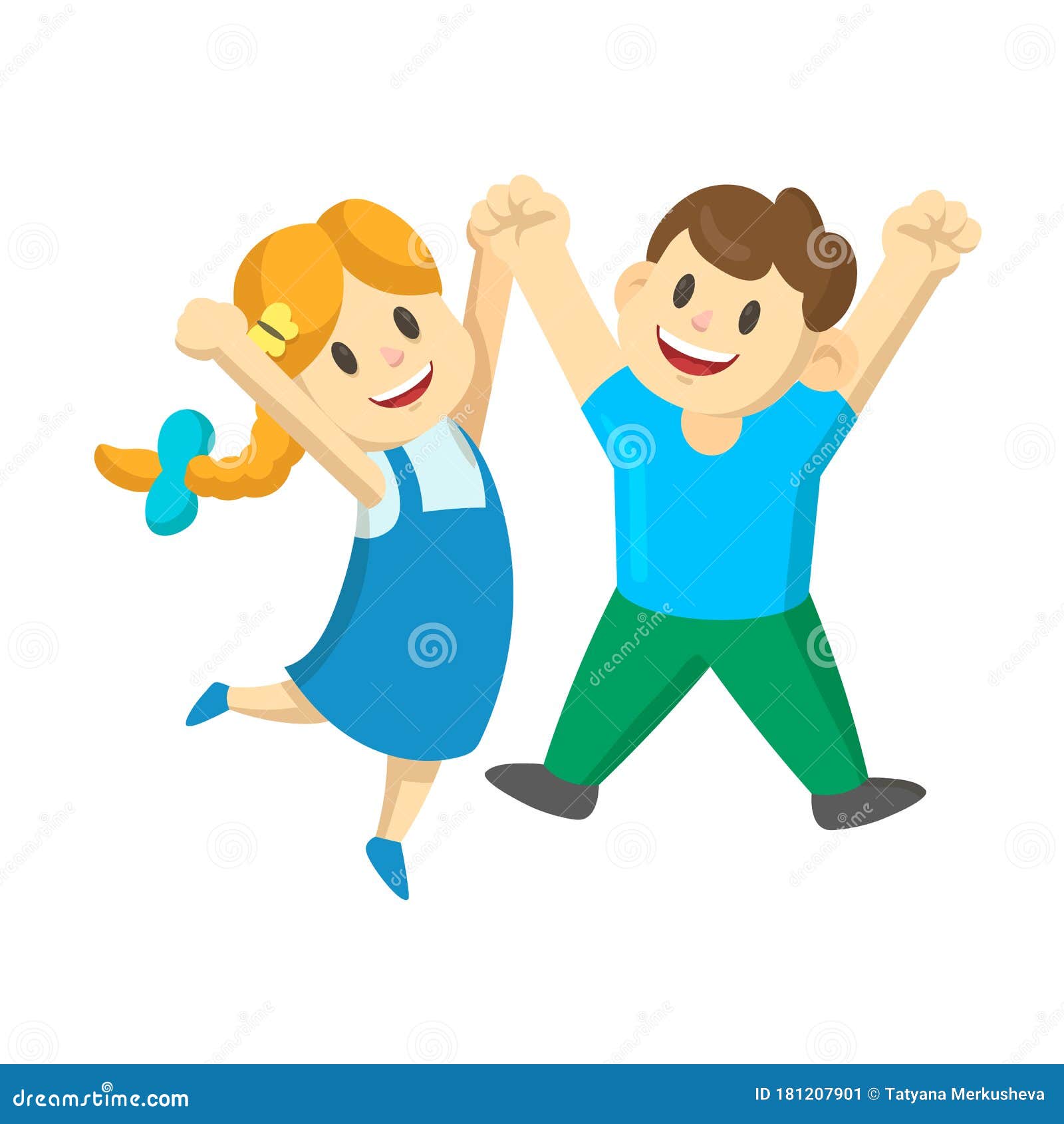 Happy Cartoon Young Boy and Girl Kids Jumping for Joy with Their Hands in the Air. Flat Vector Illustration, Isolated on Stock Vector - Illustration of person, joyful: 181207901 Happy Cartoon Young Boy and Girl Kids Jumping for Joy with Their Hands in the Air. Flat Vector Illustration, Isolated on Stock Vector - Illustration of person, joyful: 181207901