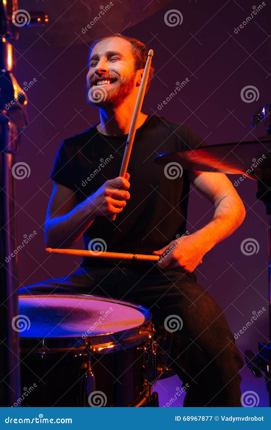 Happy Cheerful Bearded Man Drummer Playing on Kit with Sticks Stock ...