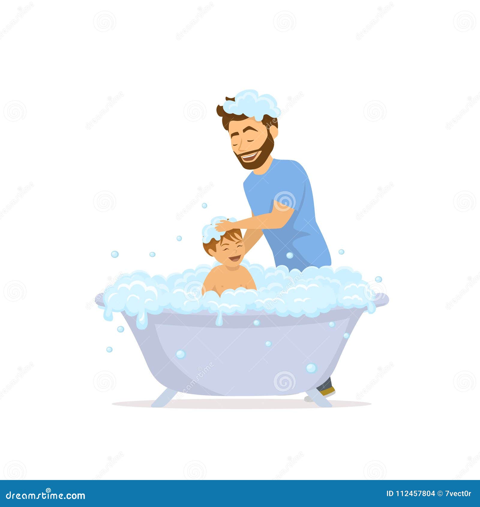 happy cheerful father washing bathing child in a bathtub