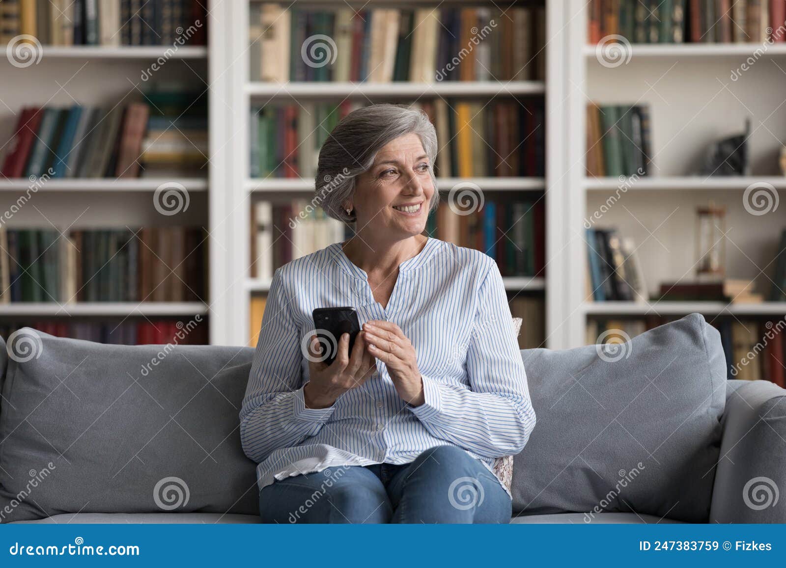 Happy Cheerful Older Grey Haired Woman Holding Cellphone Stock Image Image Of Cellphone Tech