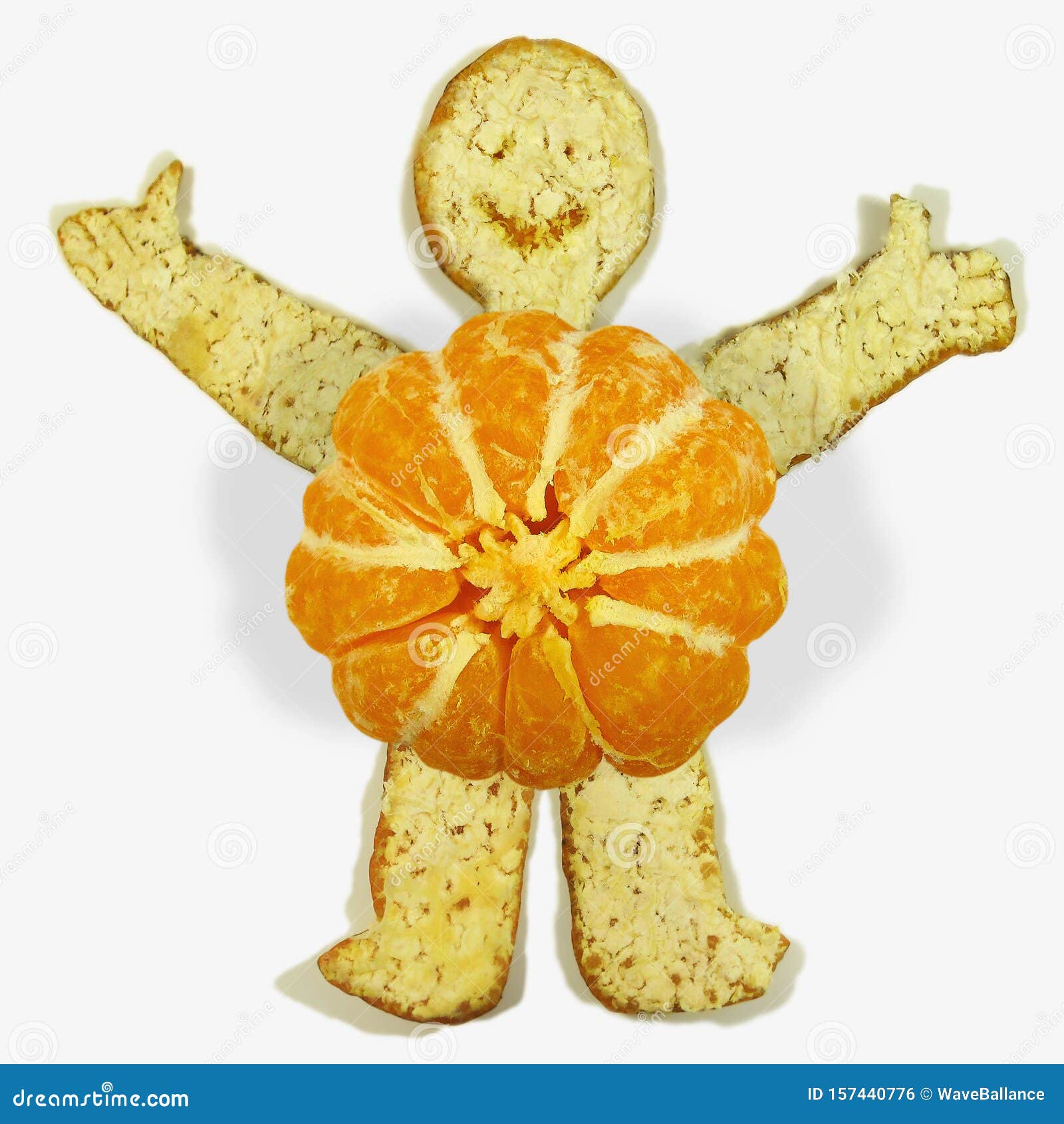 Happy Smiling Man With Handles And Legs Made Of Peeled Ripe Orange