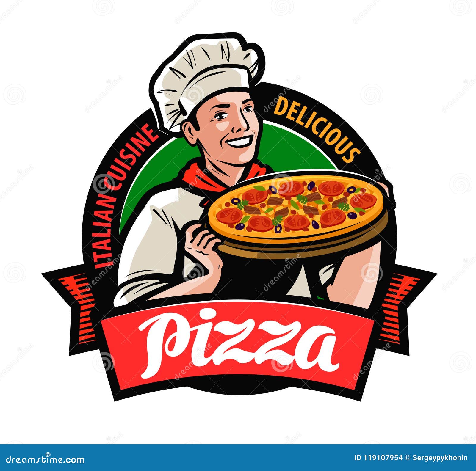 happy chef with pizza in hand. pizzeria logo or label. cartoon  