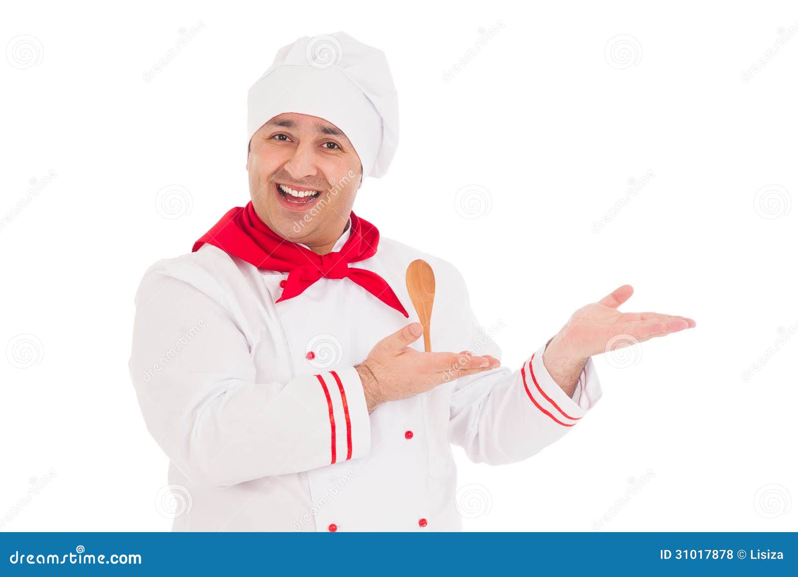 Happy Chef Showing Something Wearing Red And White Uniform Stock Photo
