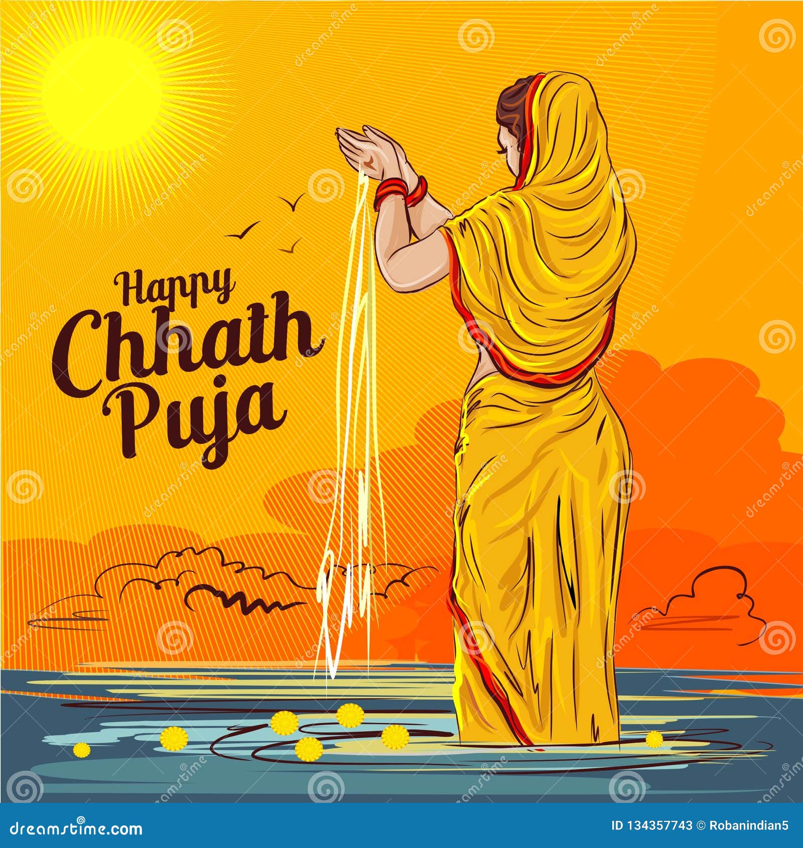 happy chhath puja   indian lady worship sun at river ghaat