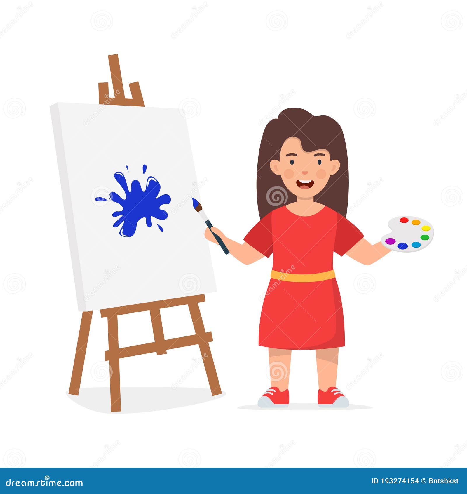 Happy Child Painting on Easel. Smiling Girl with Brush and Paints. Kids ...