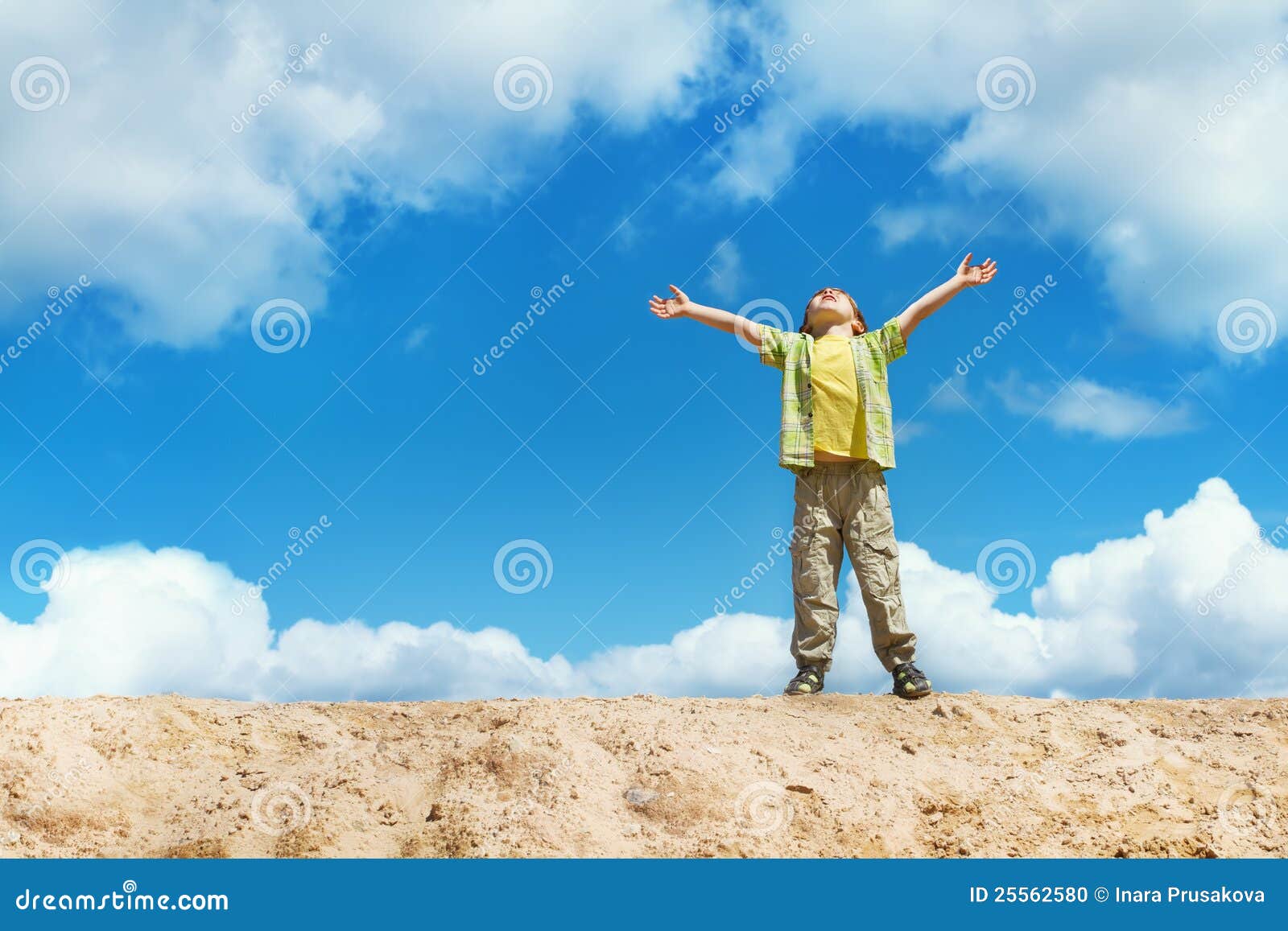 Happy Child Standing With Hands Raised Up Over Sky Stock Photo - Image