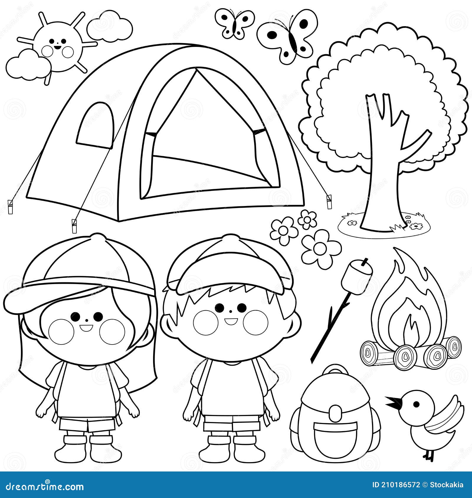 Happy Children in a Camping Site. Vector Black and White Coloring Page ...