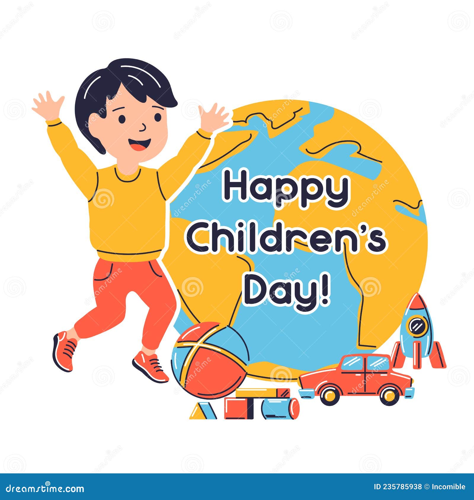 Happy Children Day Greeting Card. Illustration of Jumping Near Earth  Smiling Boy. Child in Cartoon Style Stock Vector - Illustration of global,  male: 235785938