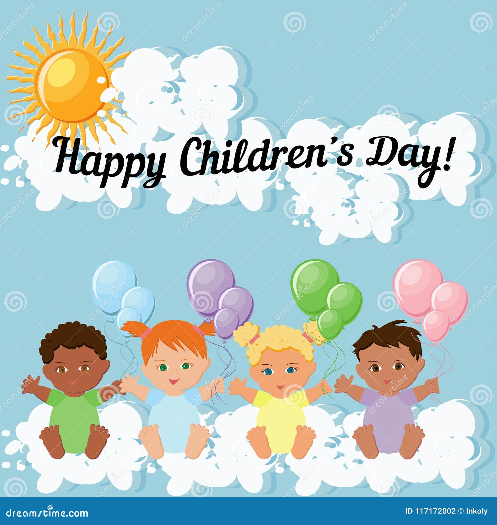 Happy Children Day Greeting Card Template with Kids Sitting on Clouds and  Holding Colorful Balloons, and Text. Stock Vector - Illustration of cartoon,  colorful: 117172002