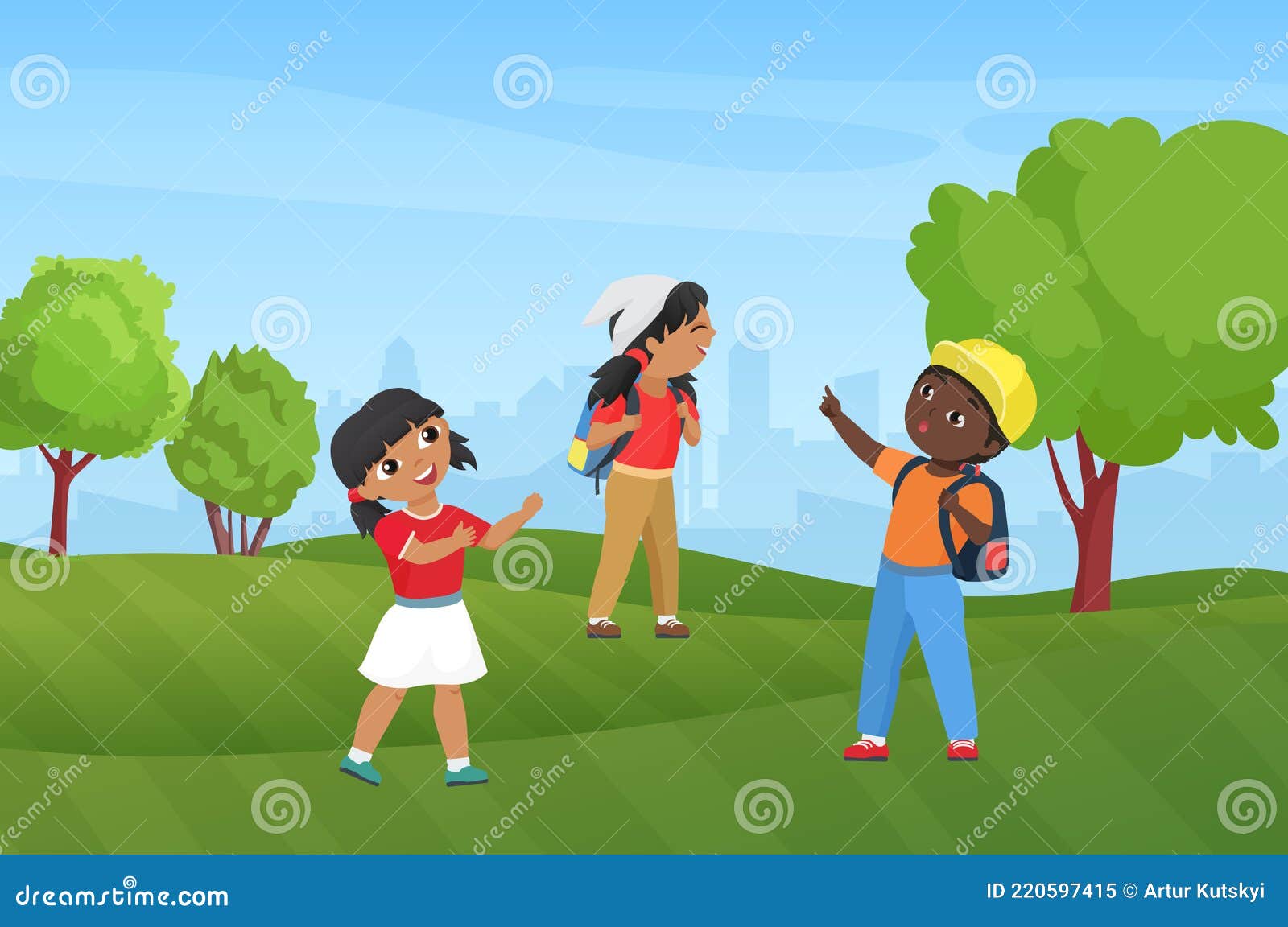 Happy Children Hike in Summer Park Nature Landscape, Preschool Funny Boy  Girl Hiking Stock Vector - Illustration of girl, travel: 220597415