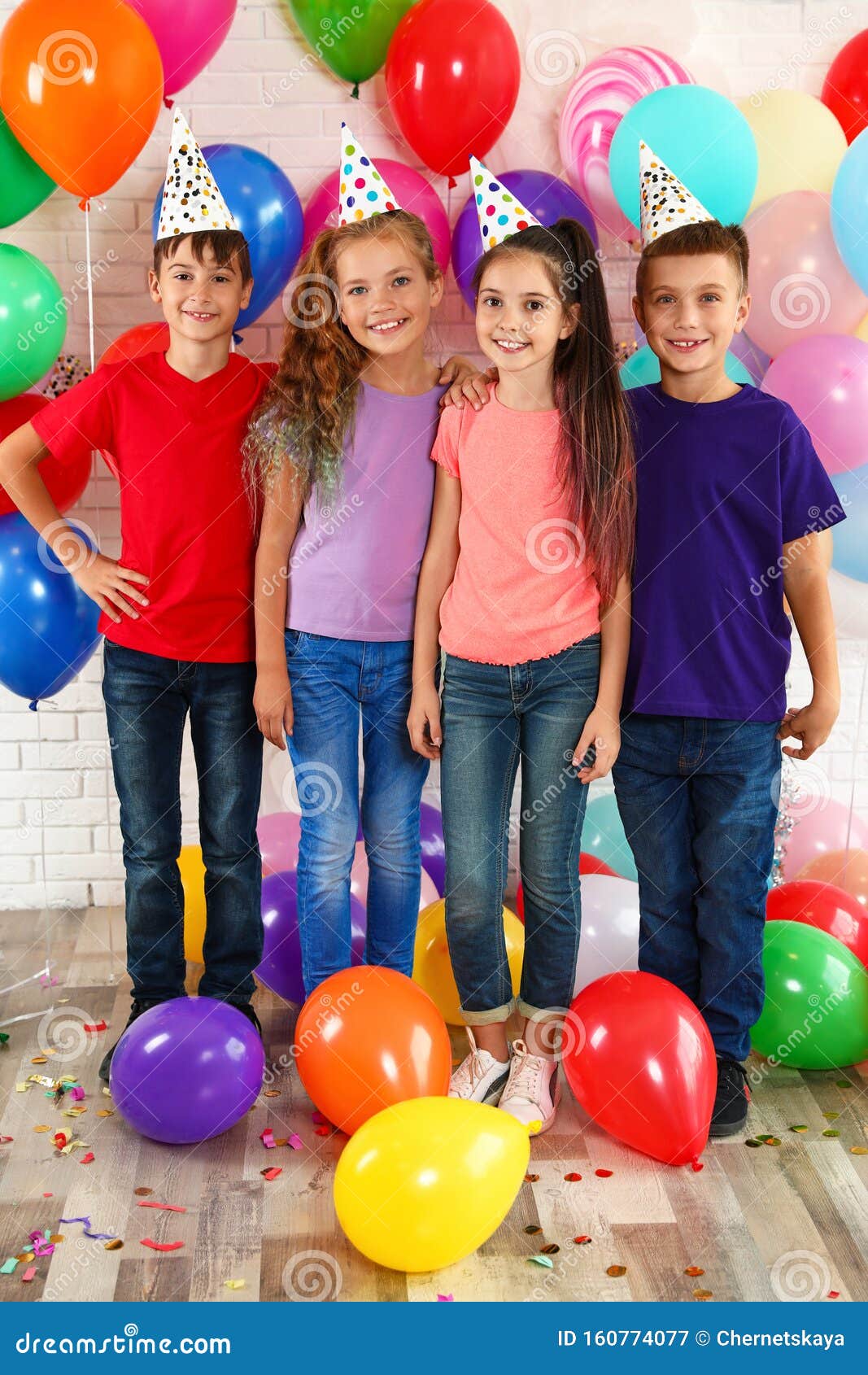 Happy Children Near Balloons At Birthday Party Stock Image - Image of friends, cheerful: 160774077