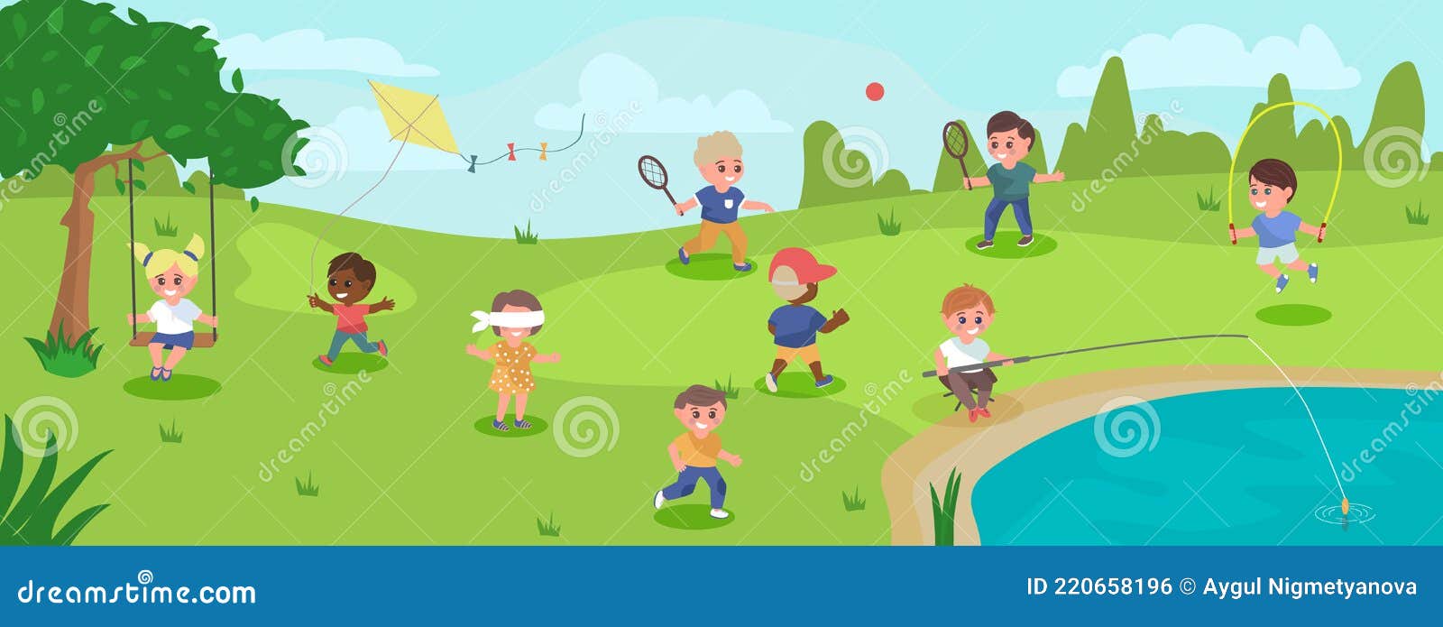 Happy Children Playing in the Park Vector Illustration. Kids Activity,  Outdoor Games, Flying Kite, Fishing, Swinging Stock Illustration -  Illustration of childhood, cartoon: 220658196