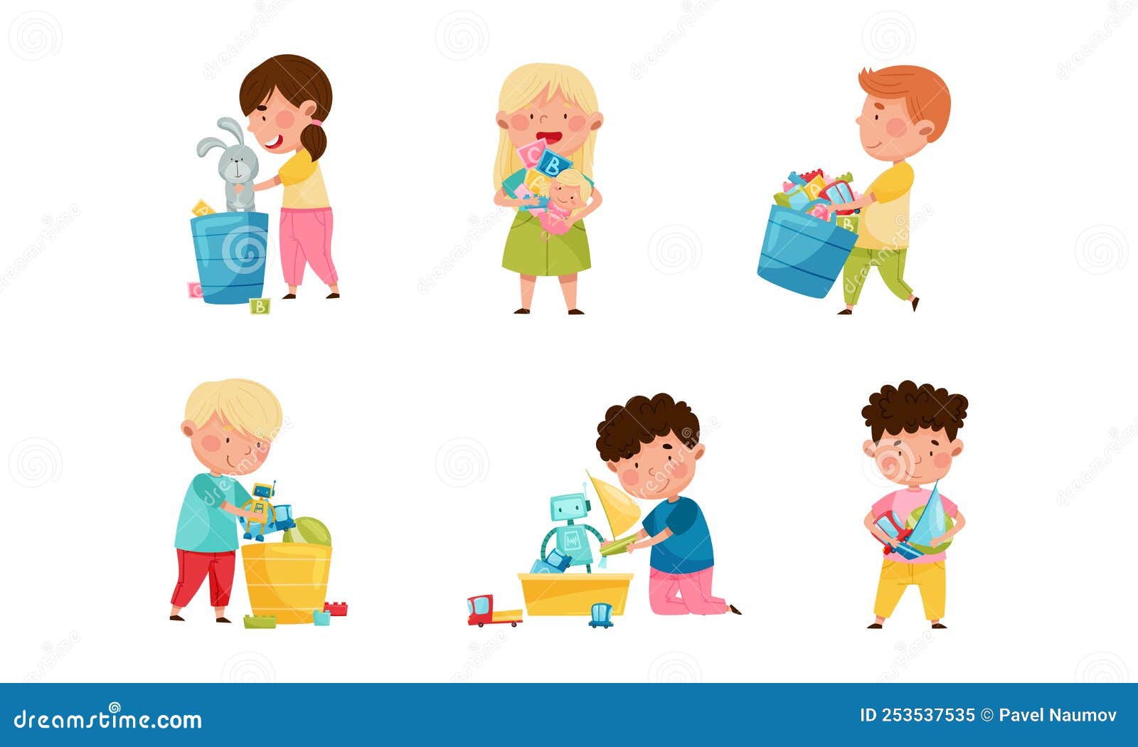 Happy Children Playing Toy in the Nursery Vector Illustration Set Stock ...