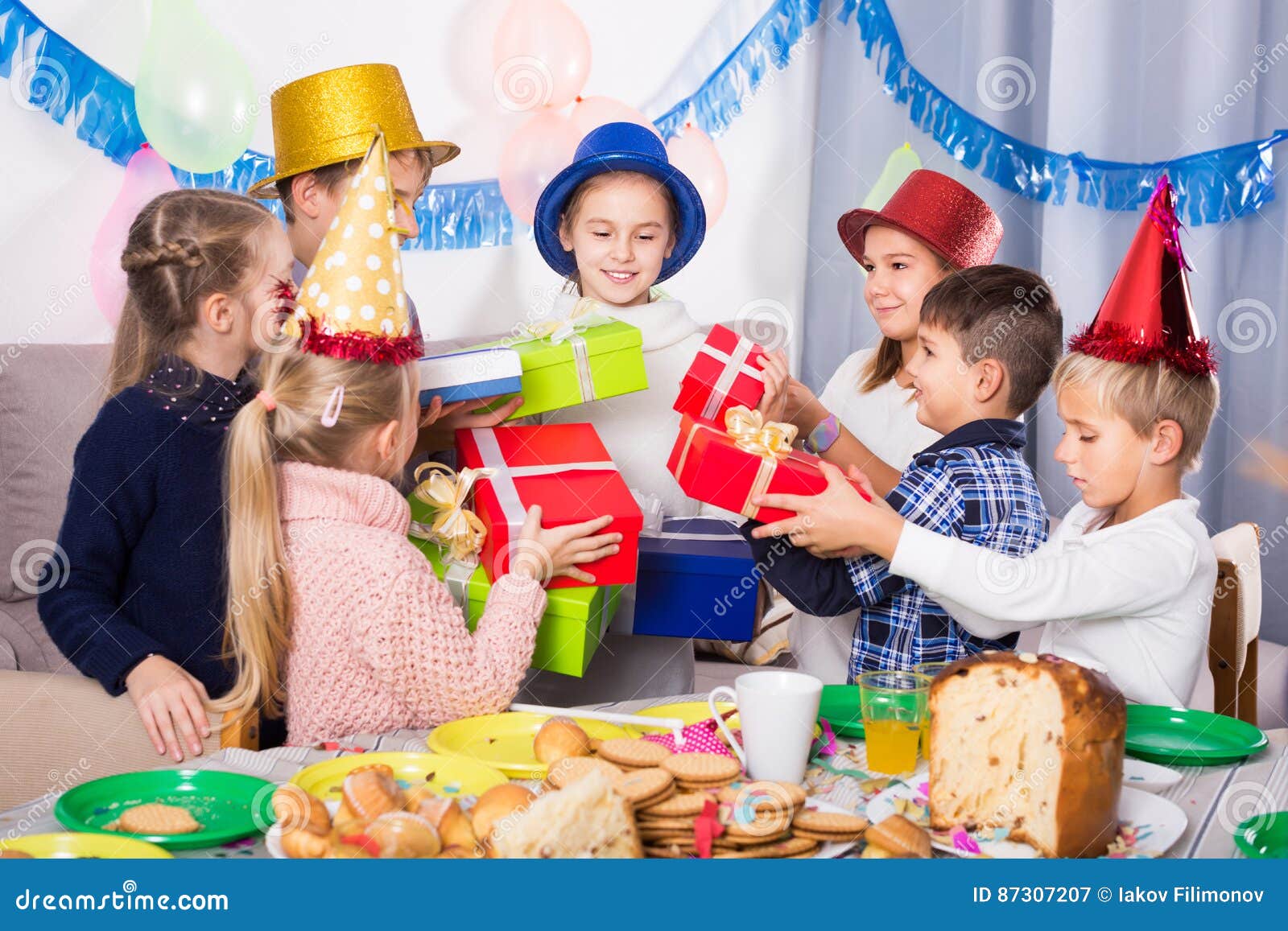Happy Children Presenting Gifts To Girl Birthday Stock Image - Image of ...
