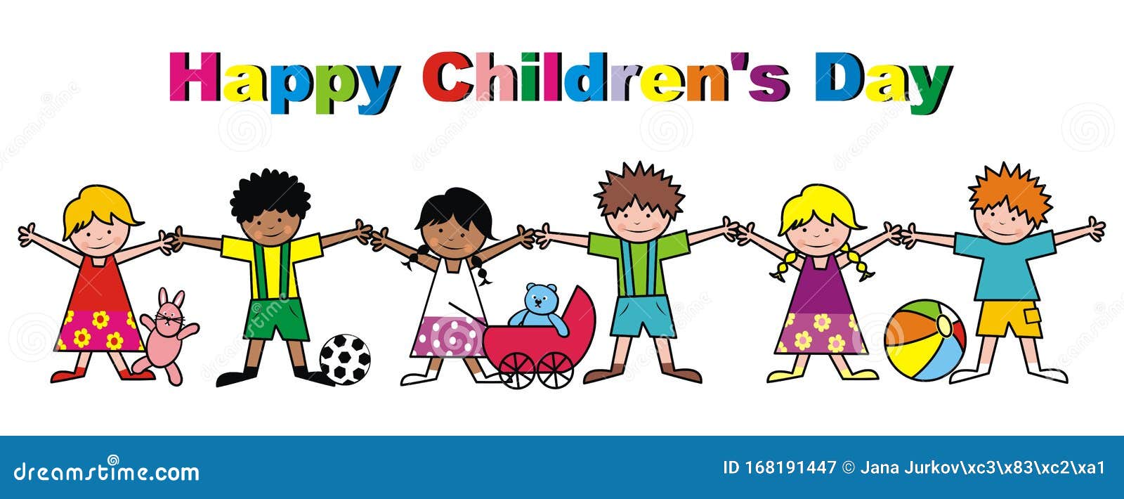 Happy Children`s Day, Group of Little Kids with Toys, Vector ...