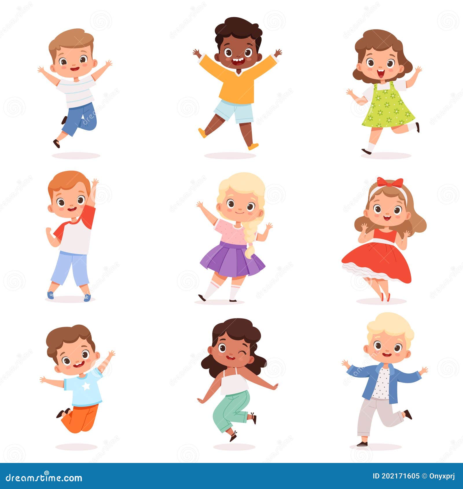 Jumping kids. Cartoon children playing and jump isolated happy active cute  surprised kid vector characters Stock Vector