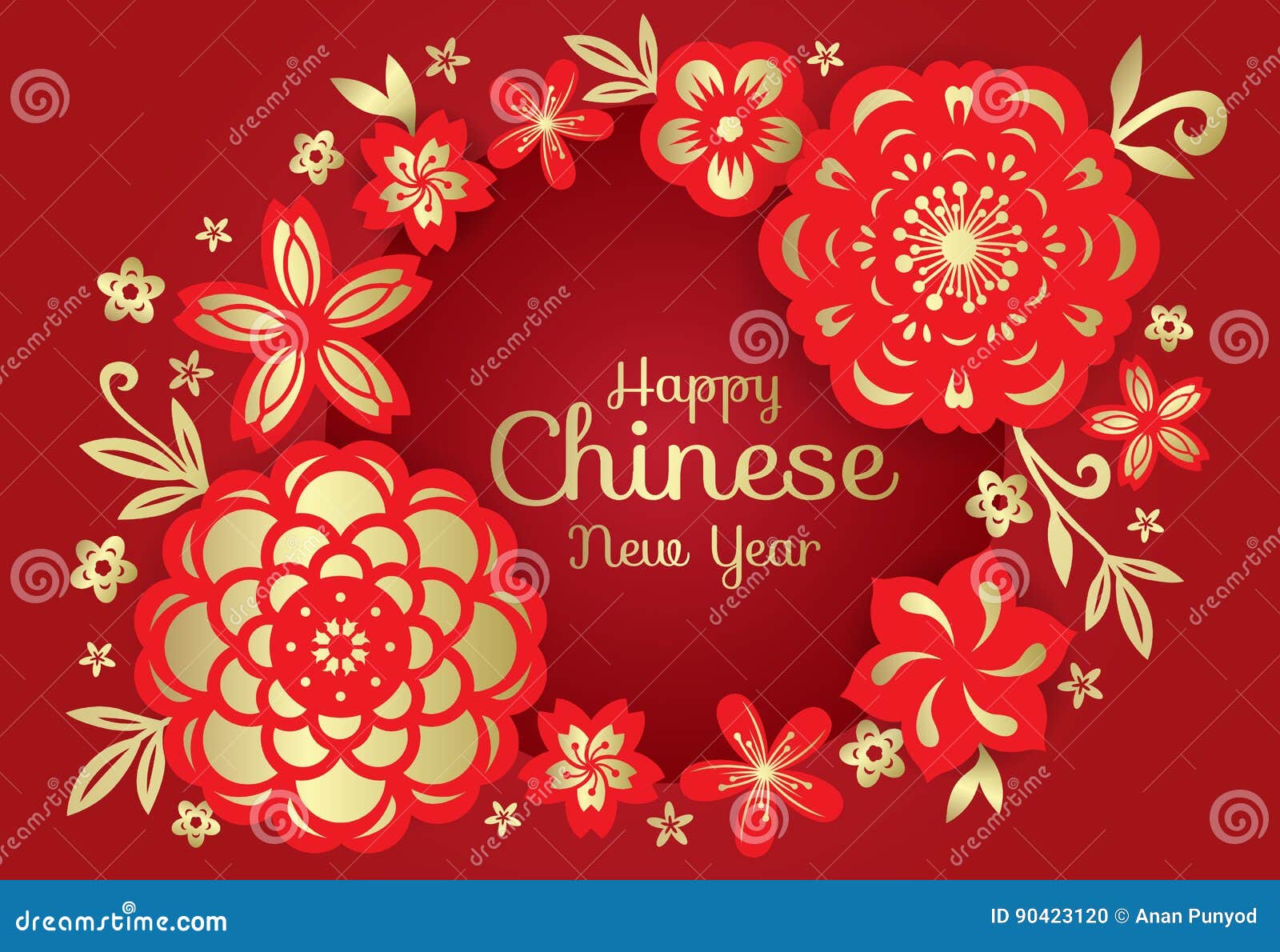 happy chinese new year card -circle frame red and gold paper cut flowers china art  