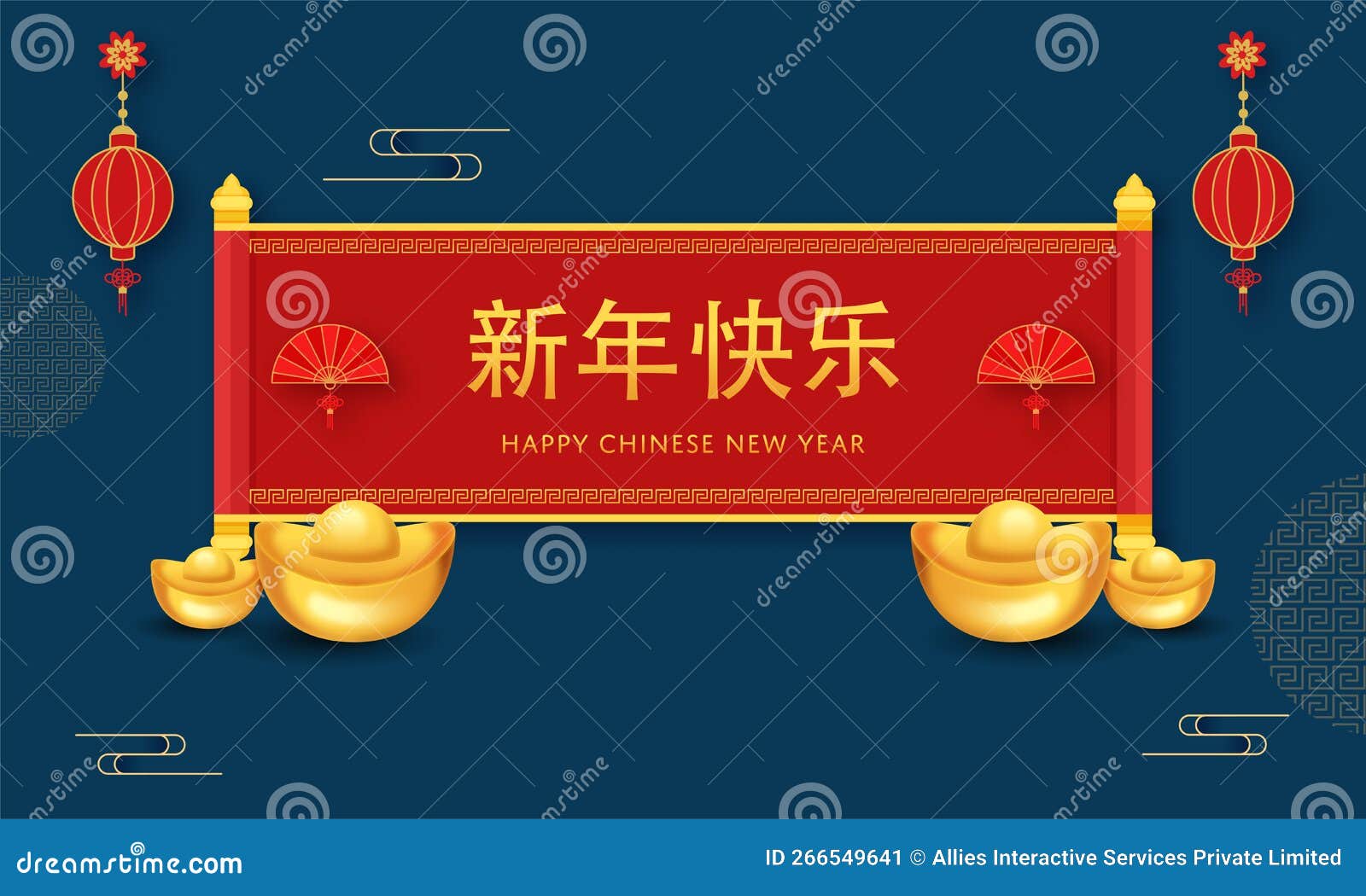 Happy Chinese New Year Mandarin Text Over Red Paper Scroll with Folding Fans, Realistic Ingots