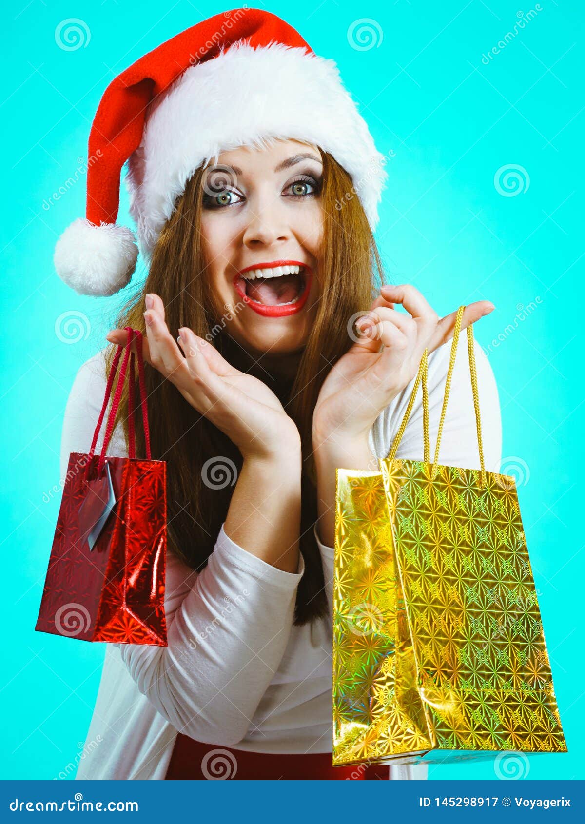 Happy Christmas Woman Receiving Gifts Stock Image - Image of gifts ...