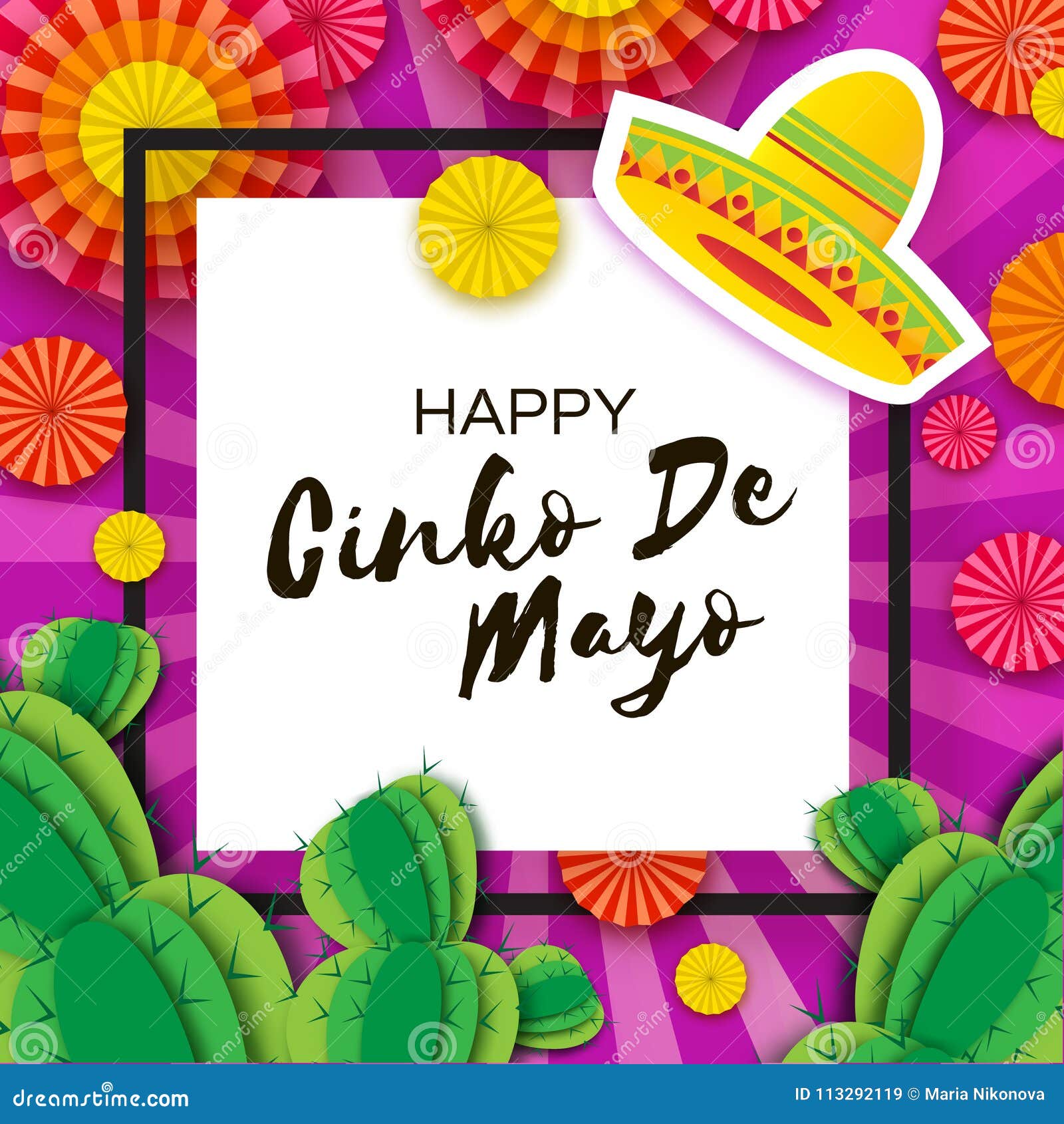 Happy Cinco De Mayo Greeting Card. Colorful Paper Fan and Cactus in Paper  Cut Style. Origami Sombrero Hat Stock Vector - Illustration of cinco, mayo:  113292119