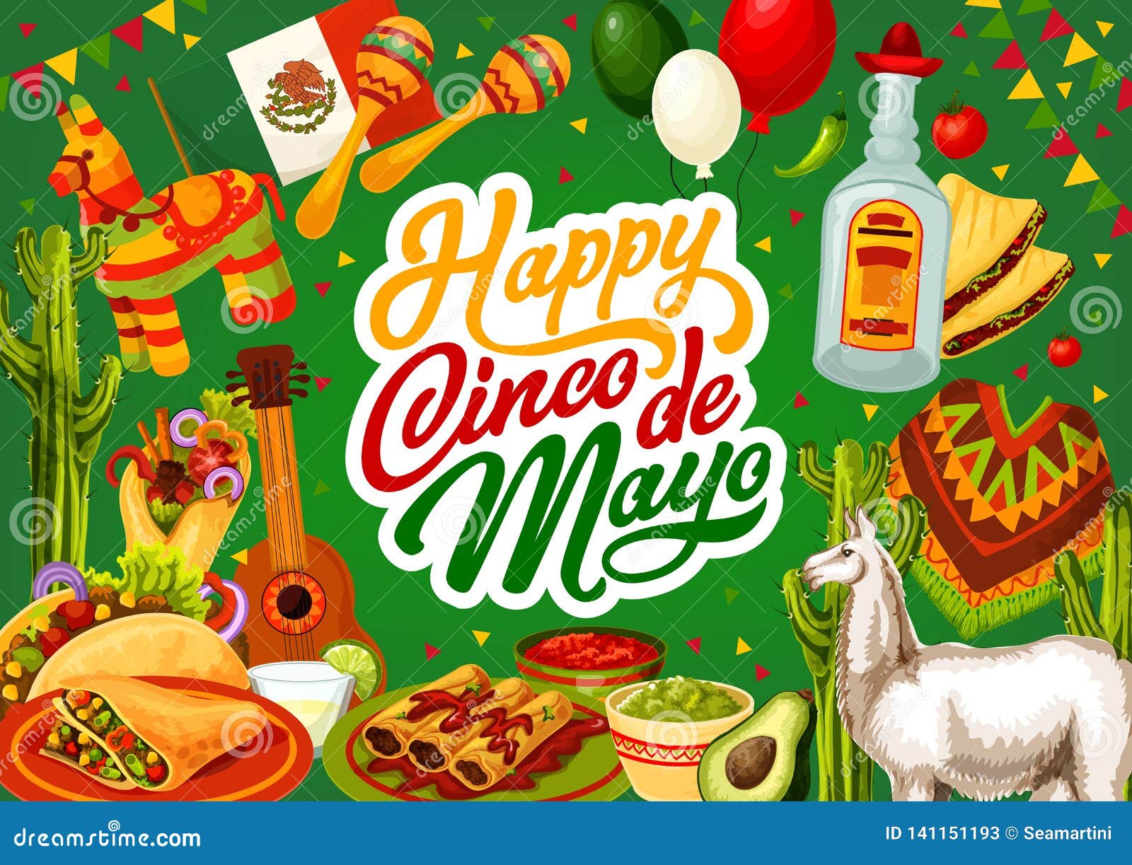 Happy Cinco De Mayo Mexican Tequila and Guitar Stock Vector