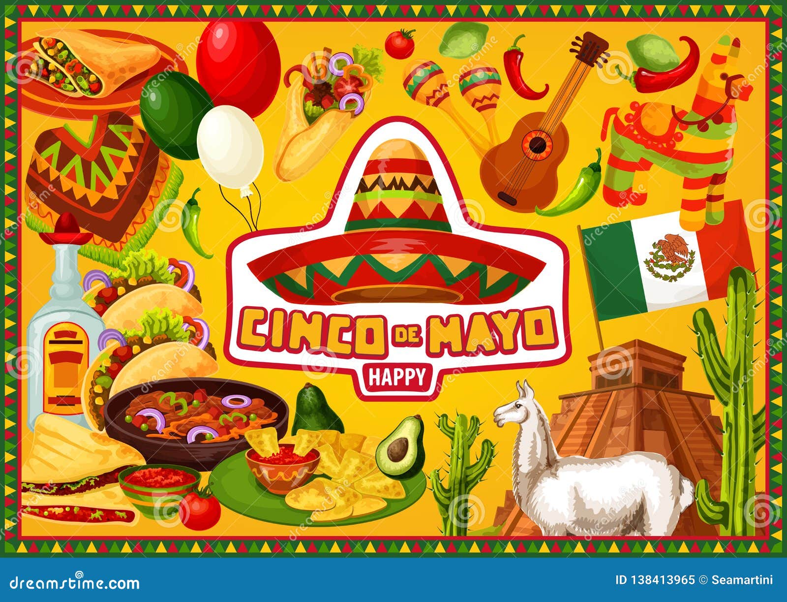 Mexican Holiday, Happy Cinco De Mayo Greetings Stock Vector