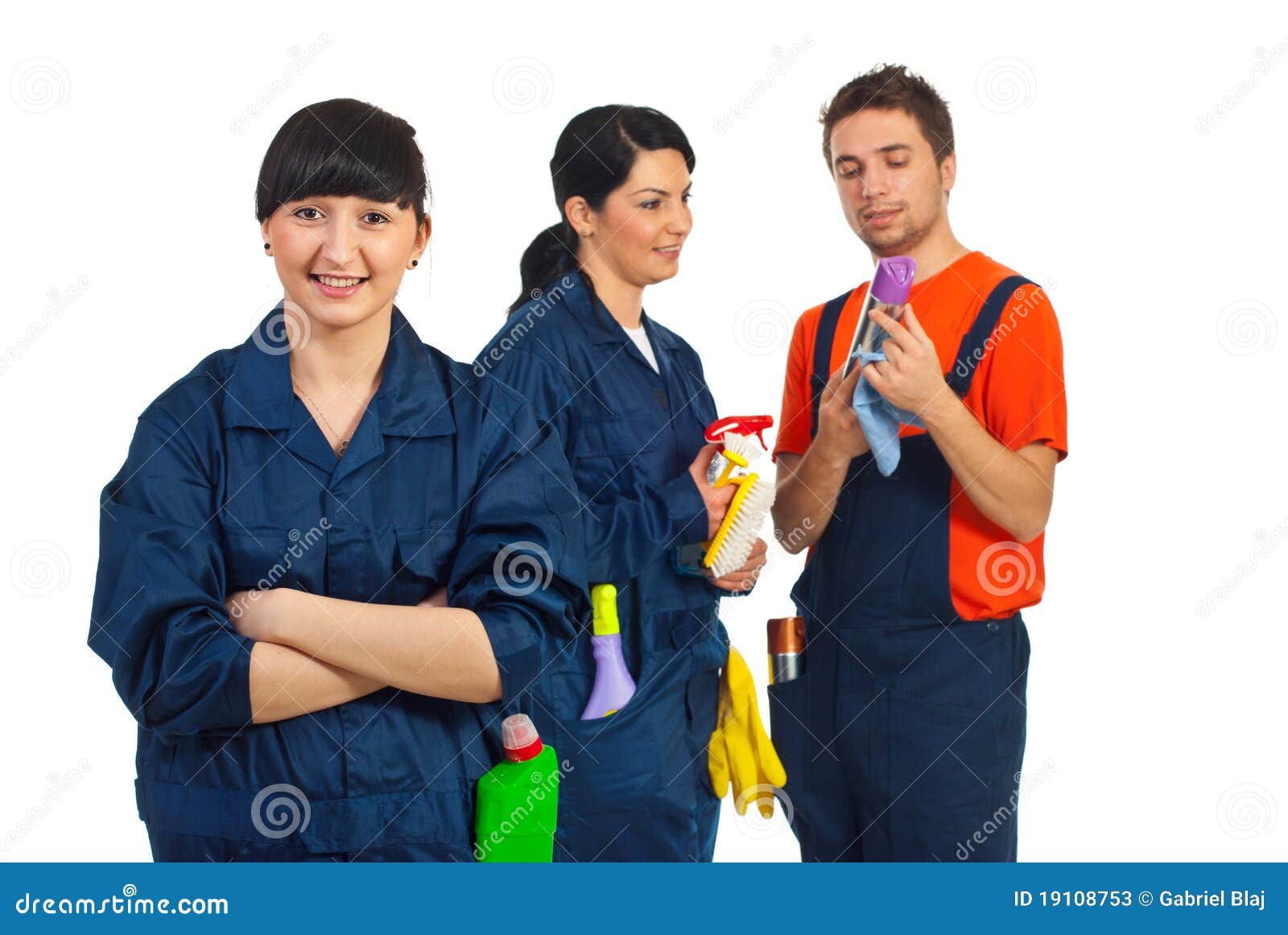 Happy cleaning service team. Happy cleaning service woman and her team isolated on white background