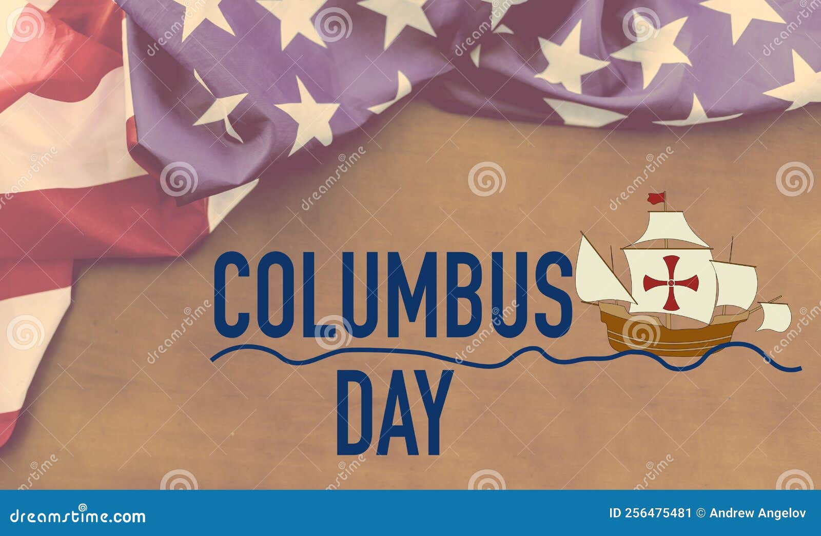 happy columbus day text with old timey sailing ship and us american flag.
