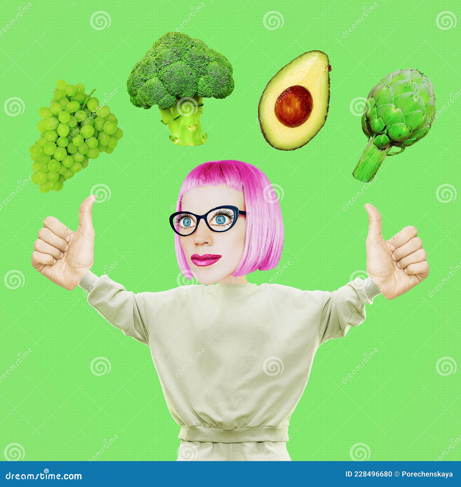 Happy Comic Vegan Girl Character Eat Fruits and Vegetables