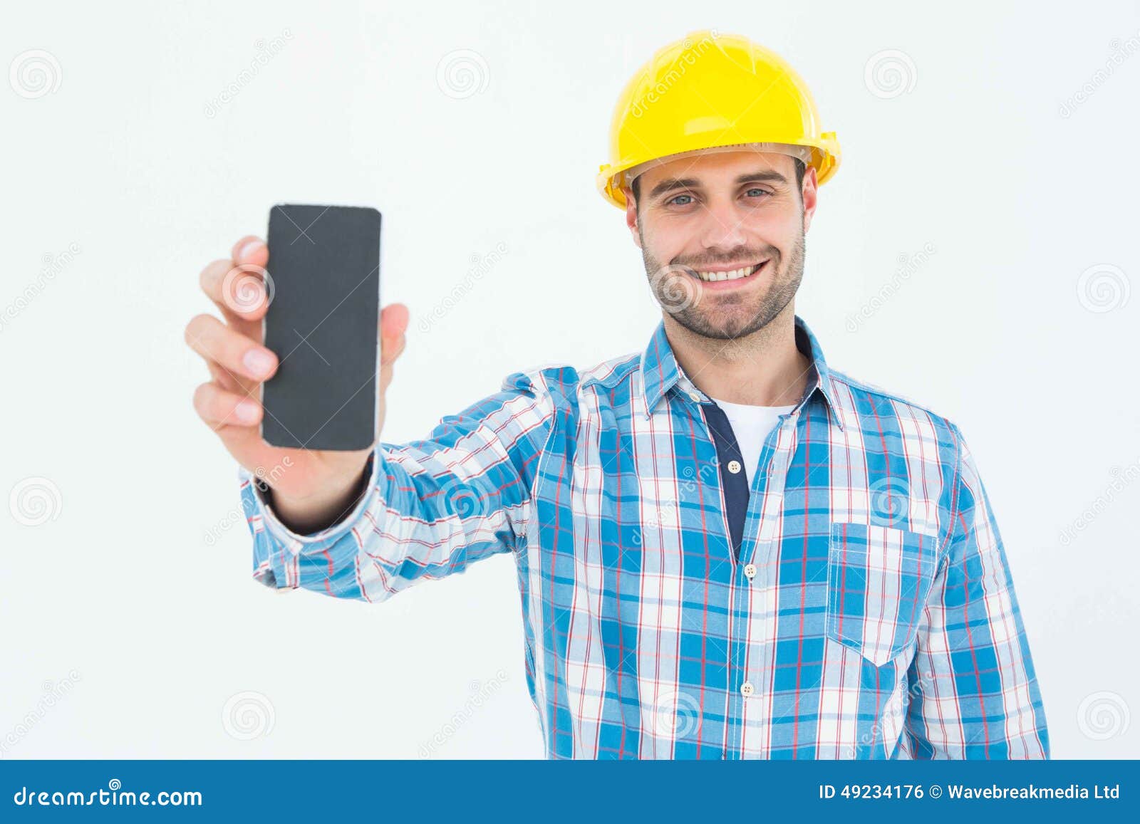 Happy Construction Worker Showing Smart Phone Stock Photo Image of