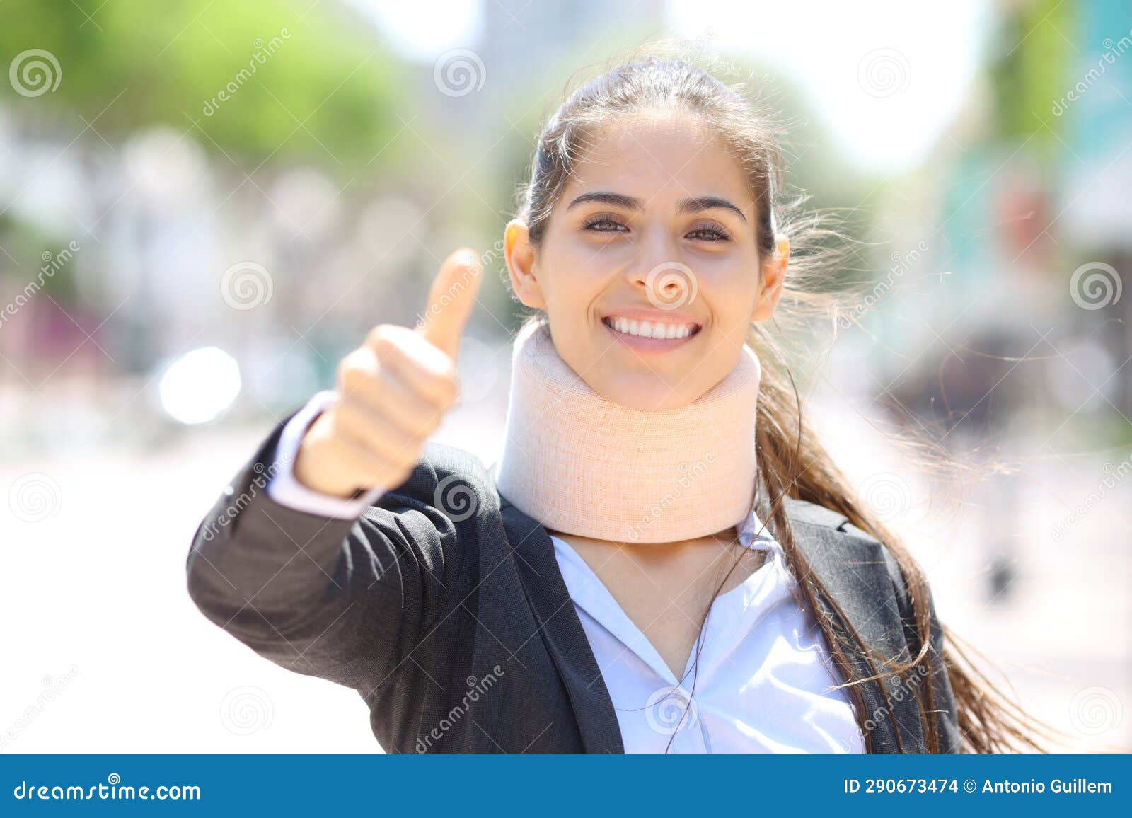 happy convalescent businesswoman with thumbs up