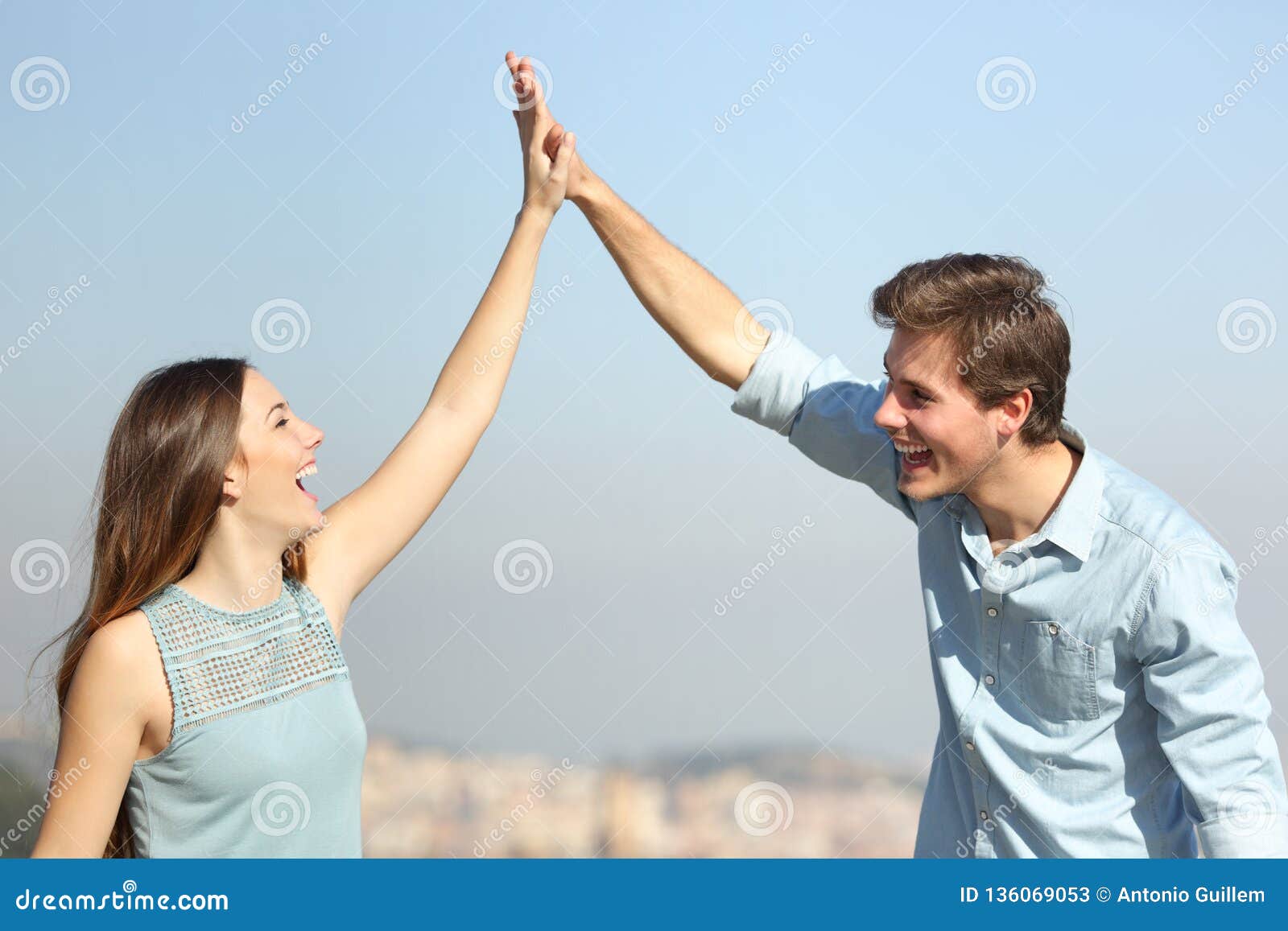 Happy Couple Celebrating Success Giving Five Stock Image Image Of