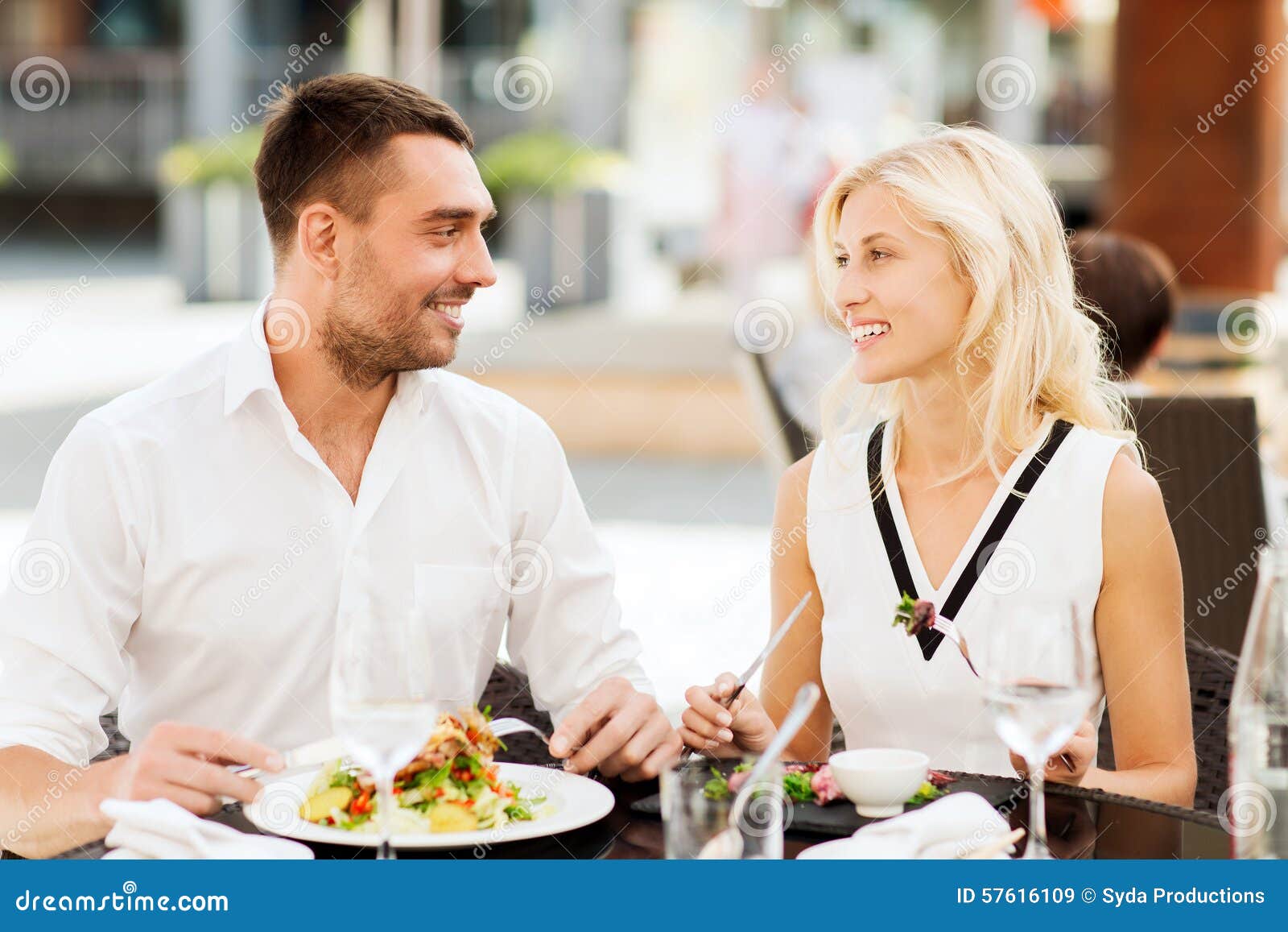 Happy Couple Eating Dinner at Restaurant Terrace Stock Image - Image of
