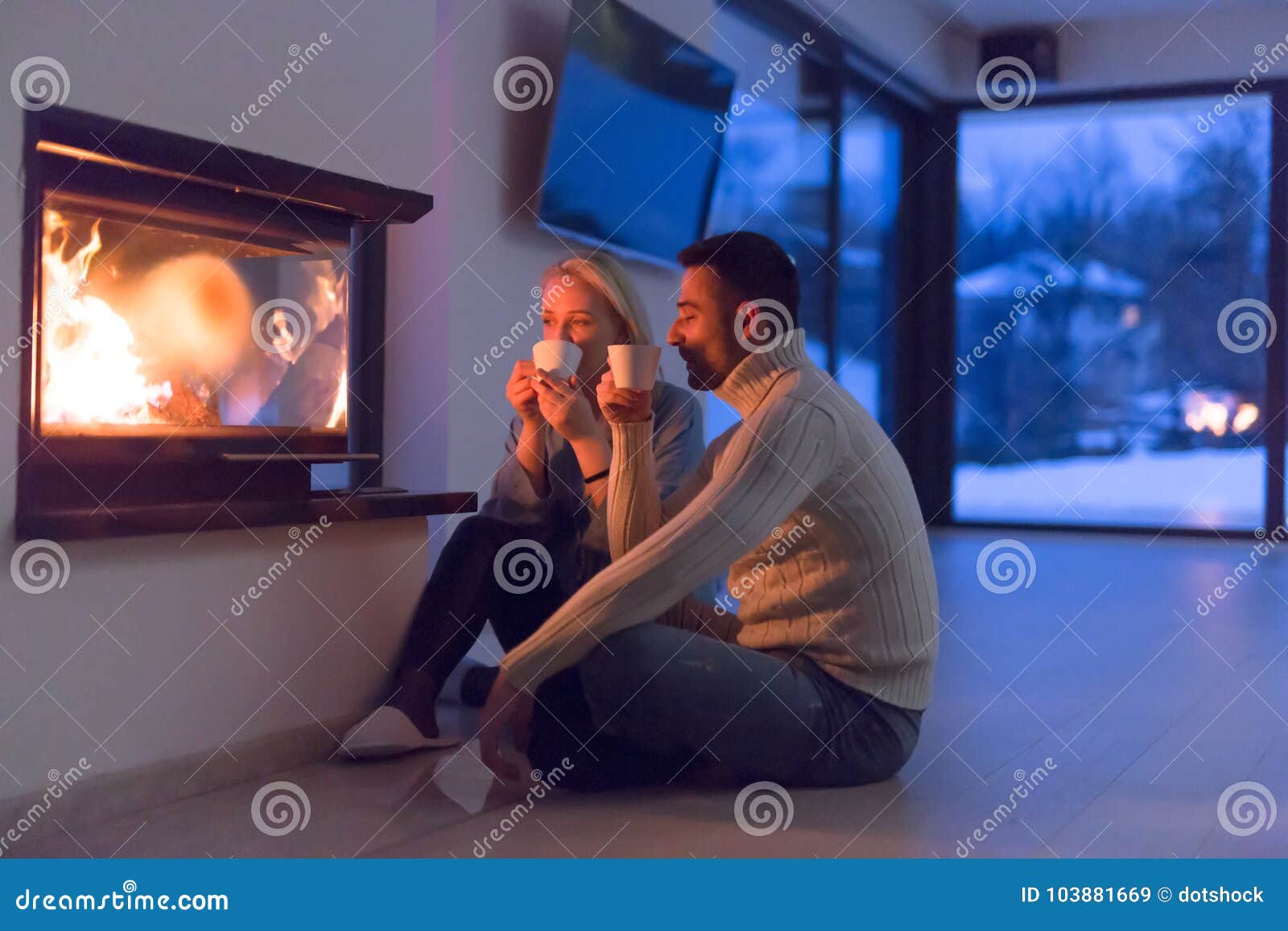 Happy Couple In Front Of Fireplace Stock Image Image Of Home Dark 103881669