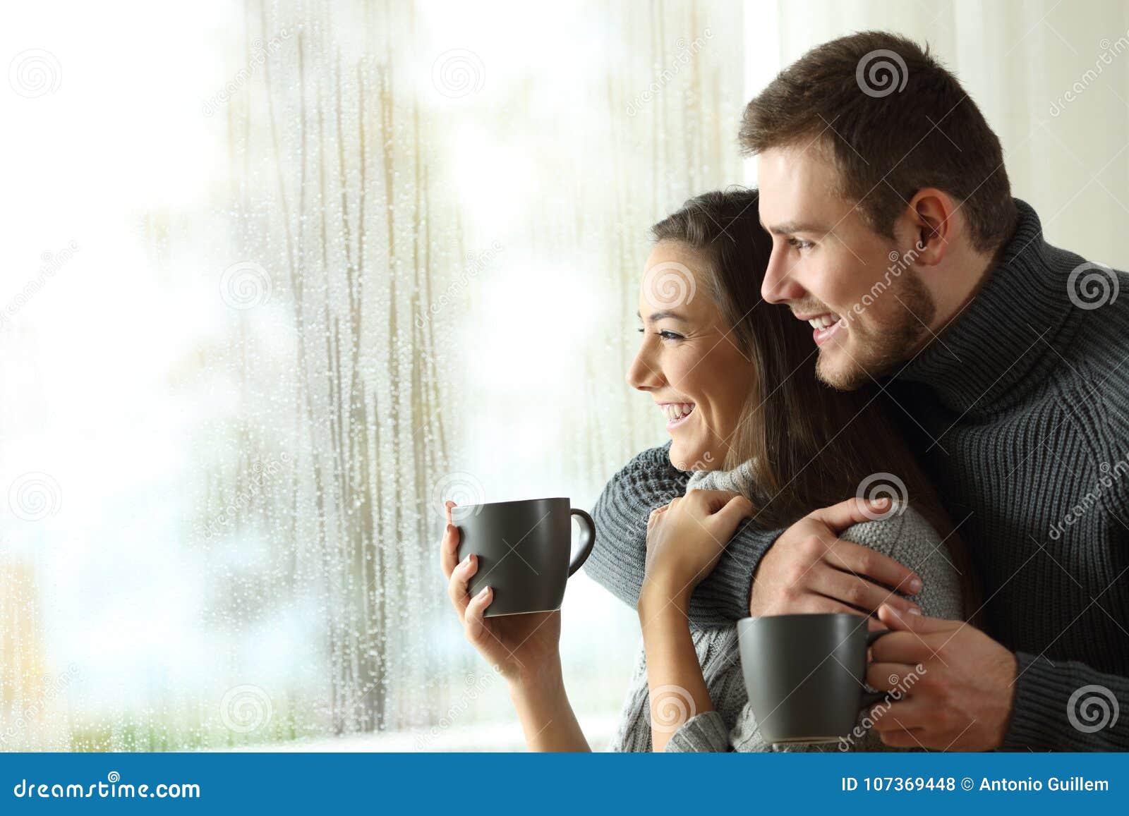 Happy Couple Looking Through A Window A Rainy Day Stock Photo Image Of Attitude Hope