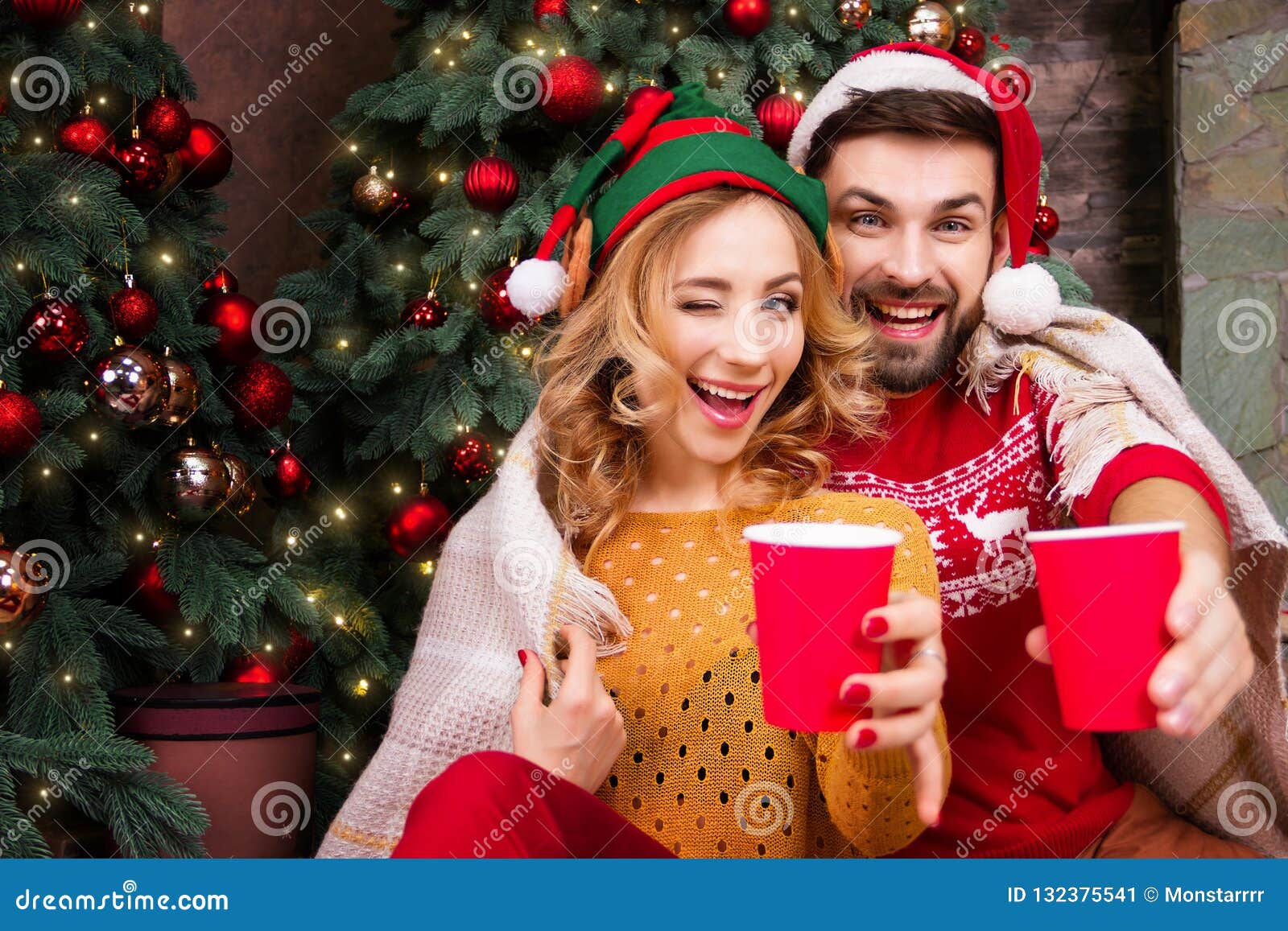 Young Happy Couple in Love during Merry Christmas and Happy New ...