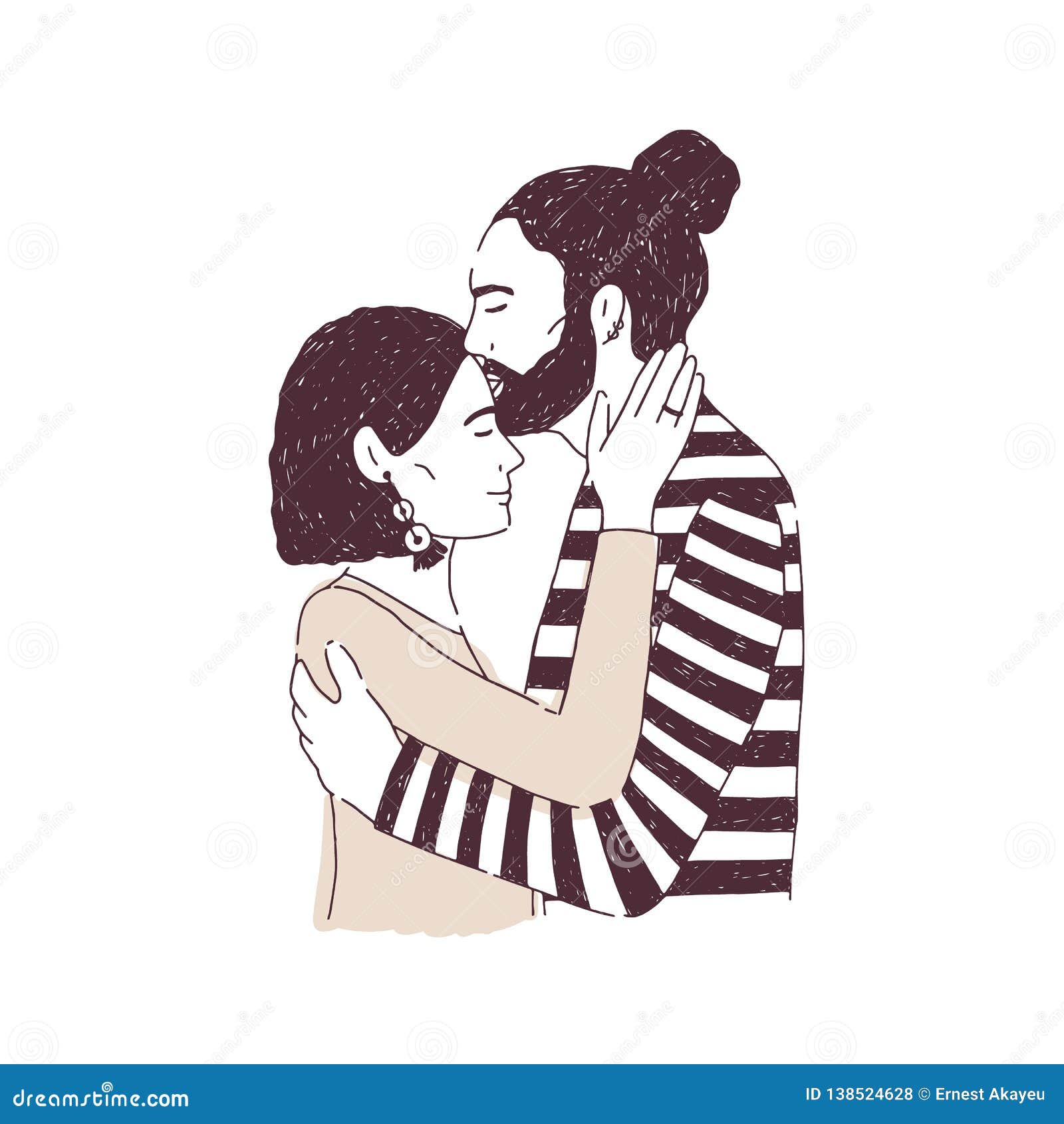 Happy Couple In Love Man Embracing And Kissing Woman On Forehead Pair Of Romantic Partners On 