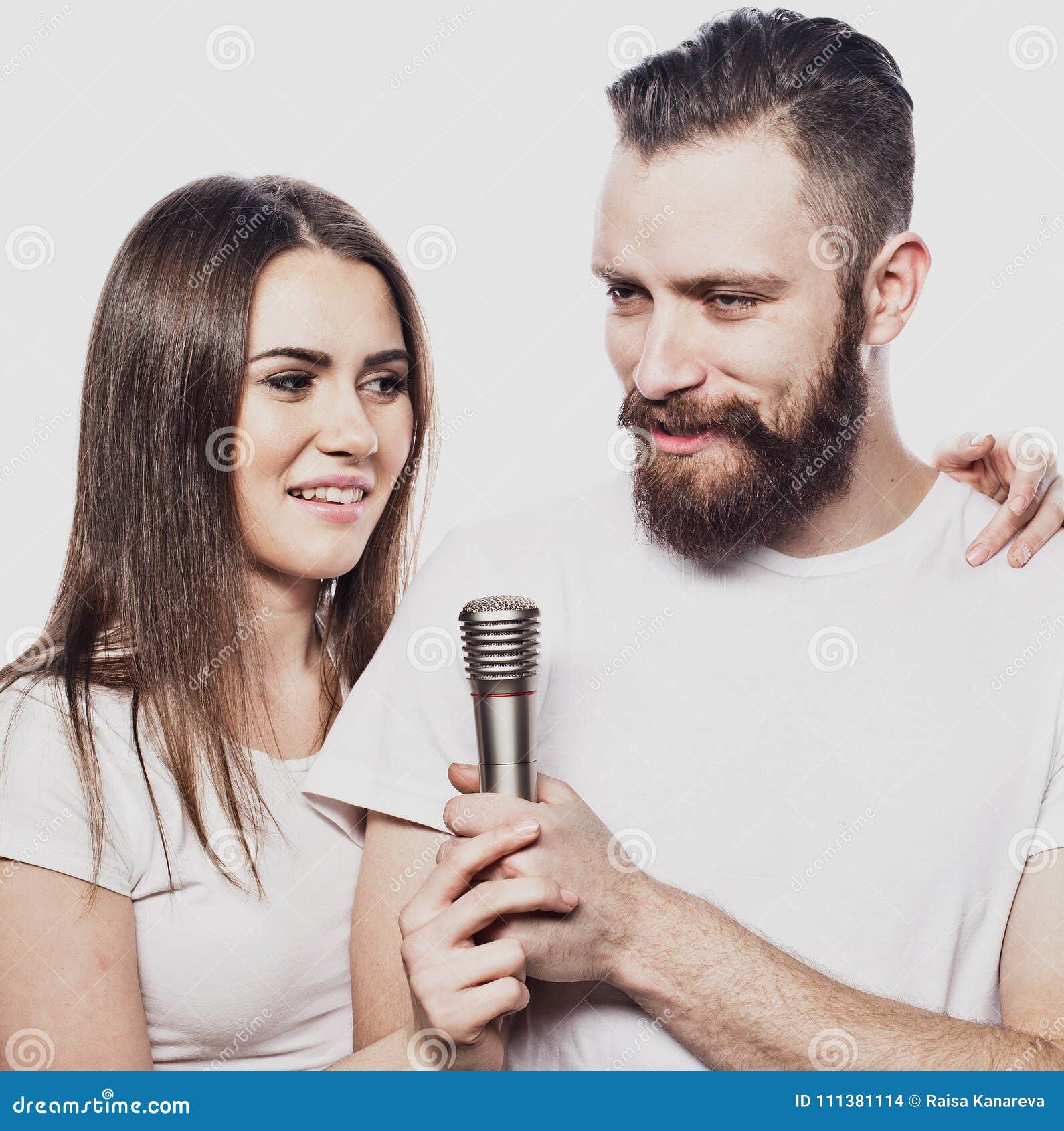 Happy Couple Singing in Karaoke Stock Photo Image of female