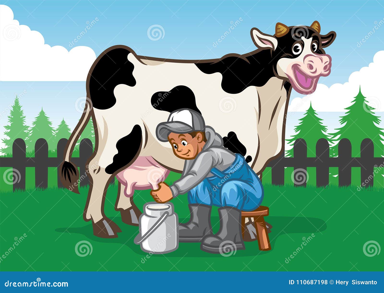 Vector of Happy cow illustration while the farmer milking