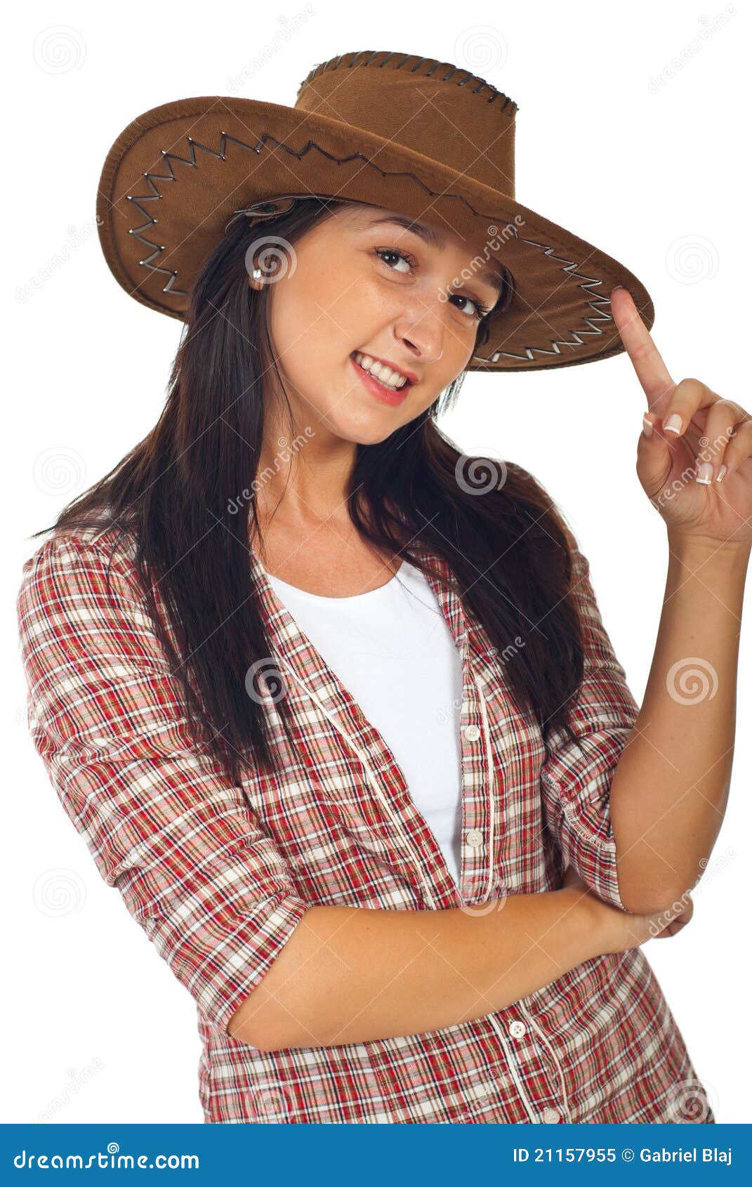 Happy Cowgirl with Brown Hat Stock Image Image of happy, jeans 21157955