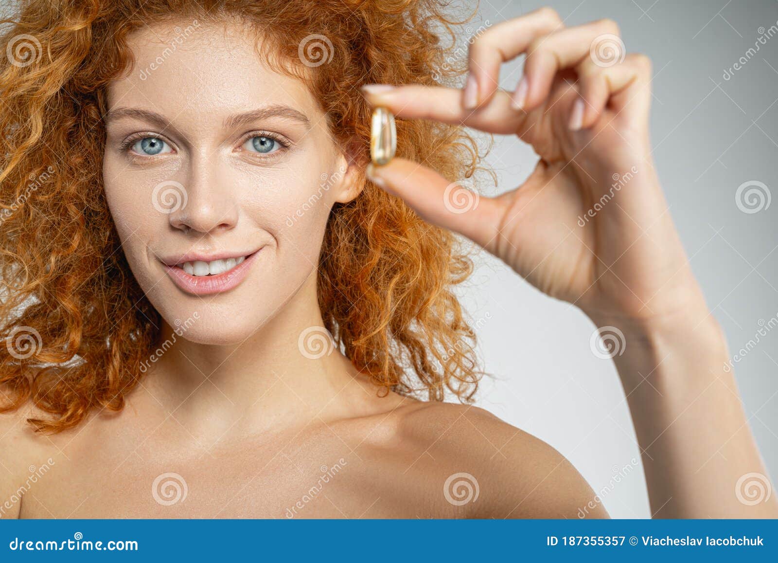 Happy Curly Female Using Medical Vitamins in Capsule Stock Image - Image of  lady, caucasian: 187355357