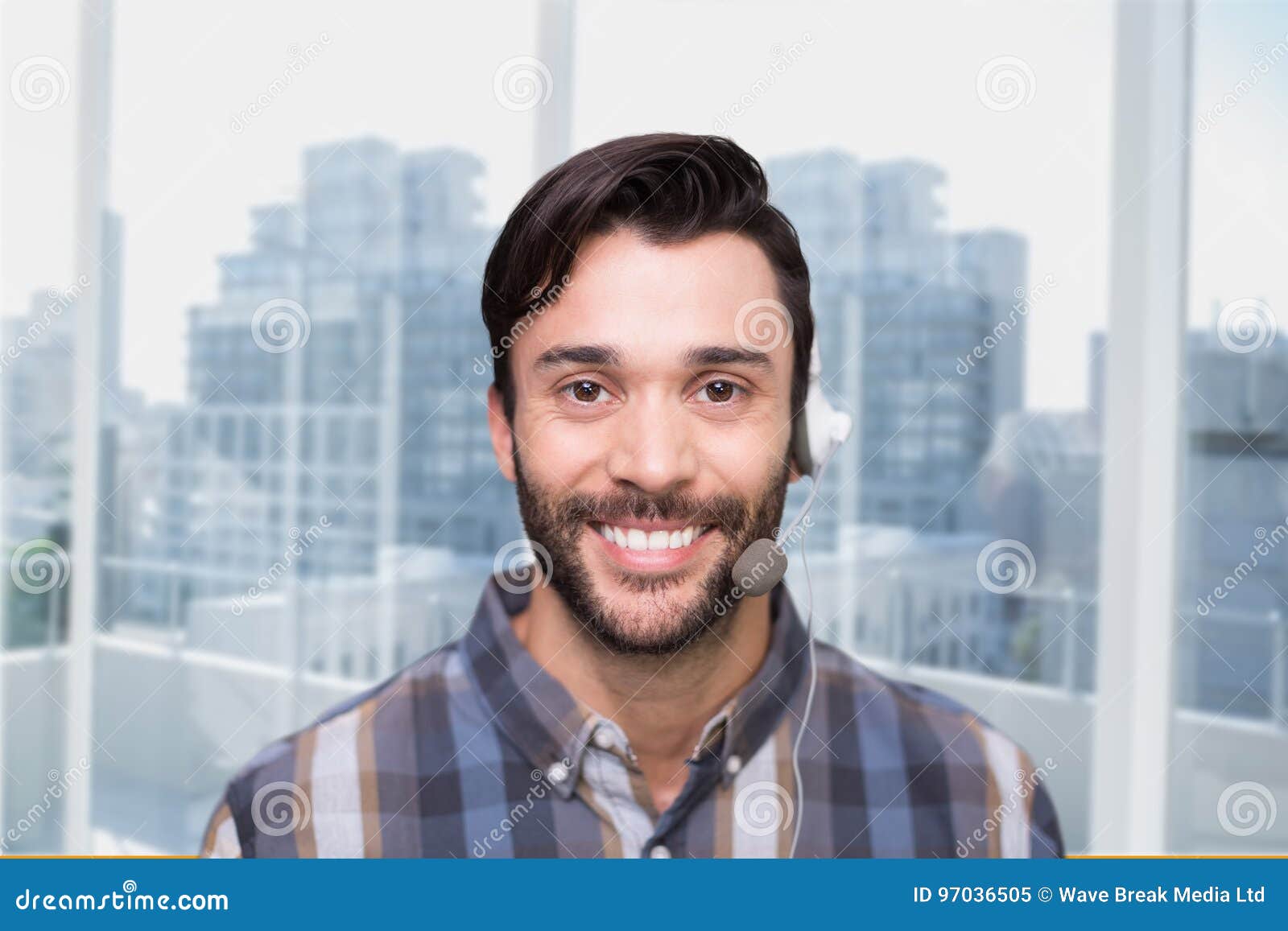 Happy Customer Care Representative Man Against City Background Stock Image Image of smiling