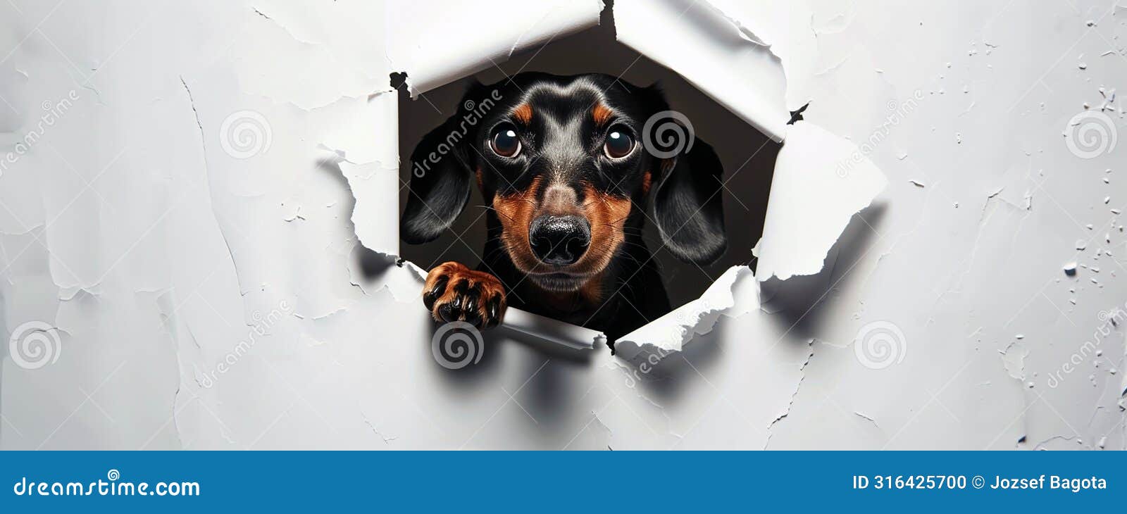 a happy cute dachshund dog rips a round hole through a white paper wall and peeps through the hole. focus on the eyes of the dog