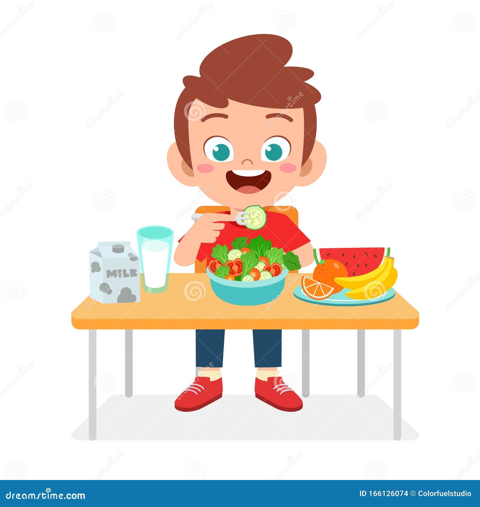 Happy Cute Kid Boy Eat Healthy Food Stock Vector - Illustration of care