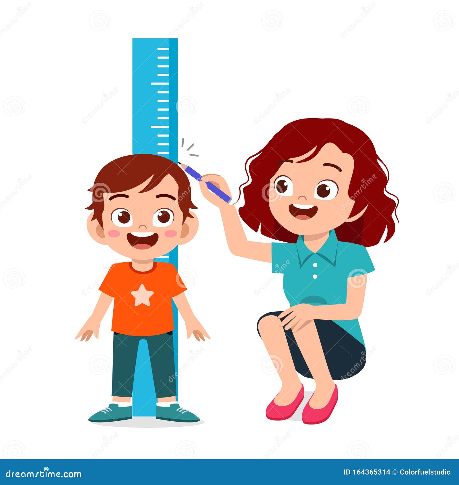 Happy Cute Kid Boy Measuring Height with Mom Stock Illustration
