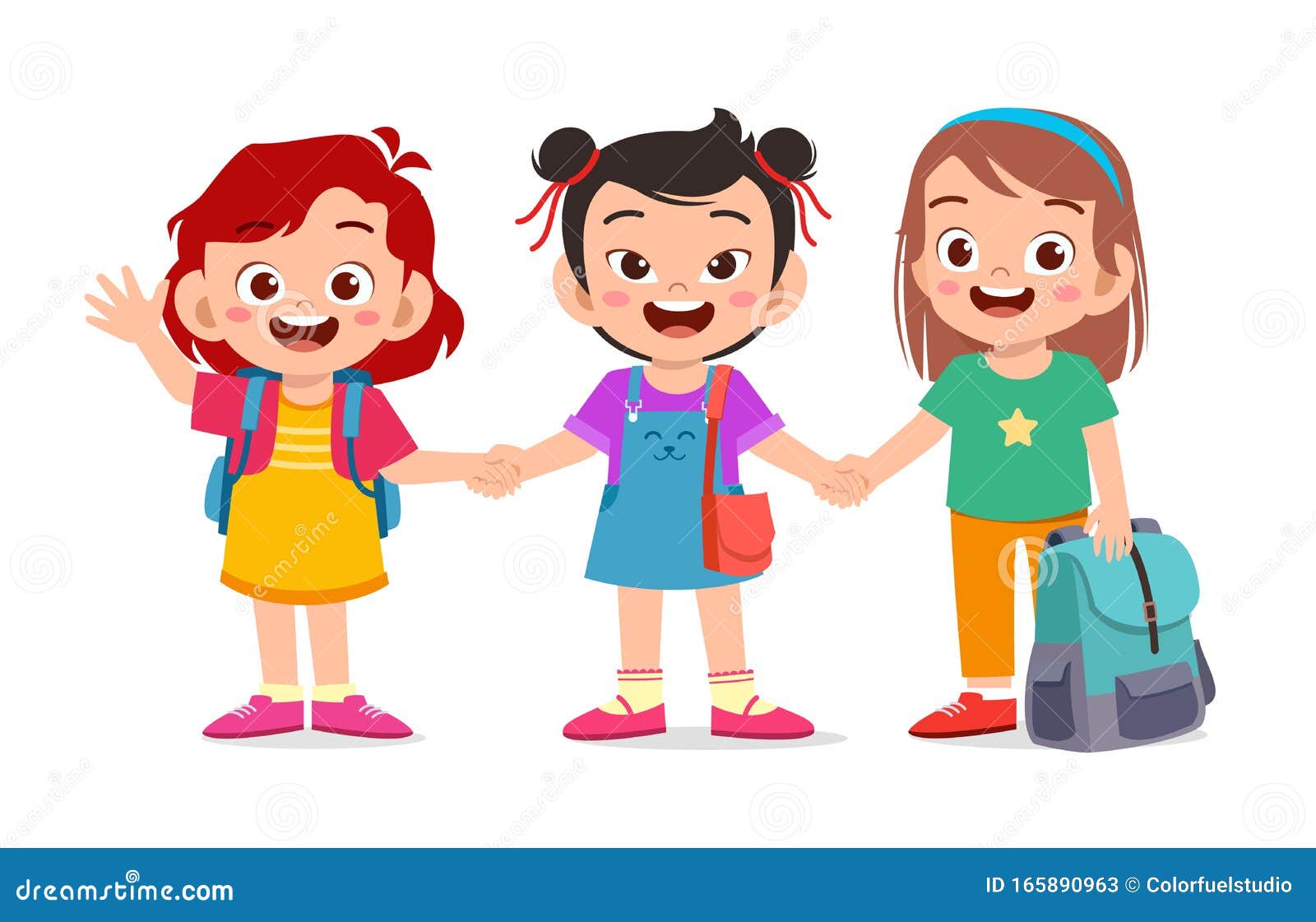 Happy Cute Kids Girls Ready To Go To School Stock Vector Illustration