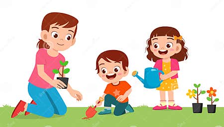 Happy Cute Little Kid Boy and Girl Plant Flower with Mom Stock Vector ...