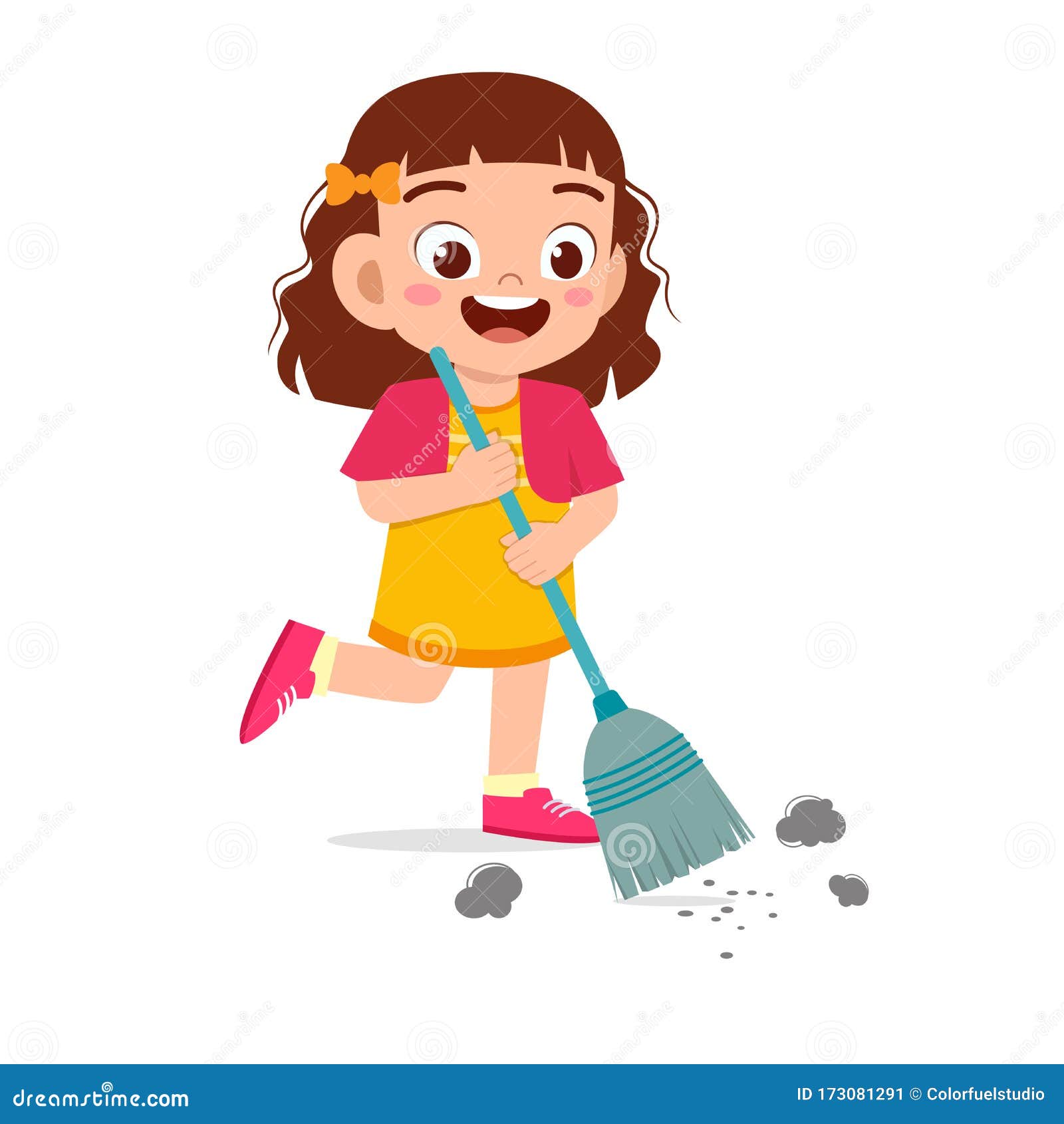 Happy Cute Little Kid Girl Sweeping Floor Cartoon Vector