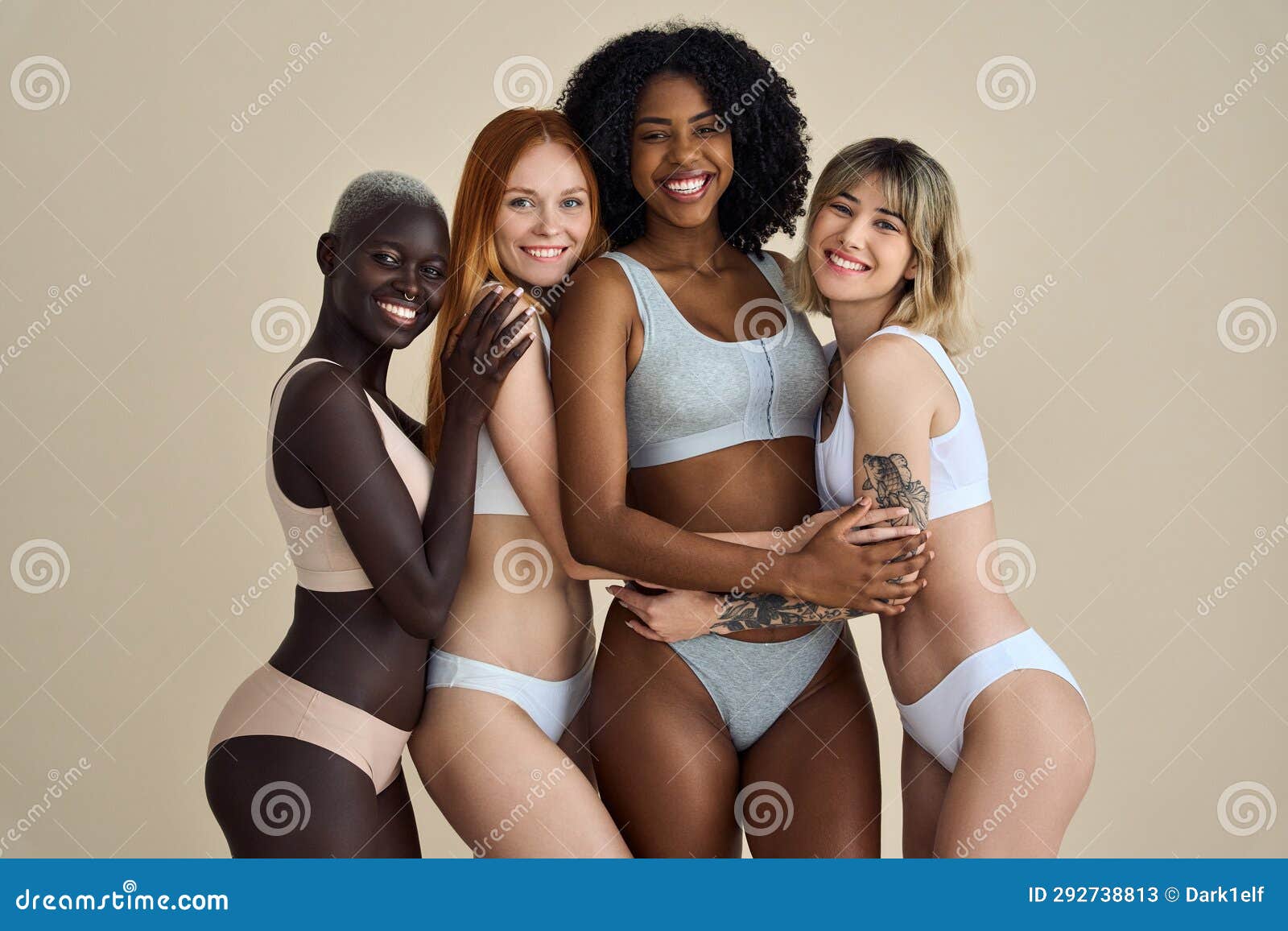 4 Happy Diverse Young Girls in Underwear Hugging Isolated on Beige  Background. Stock Image - Image of body, female: 292738813